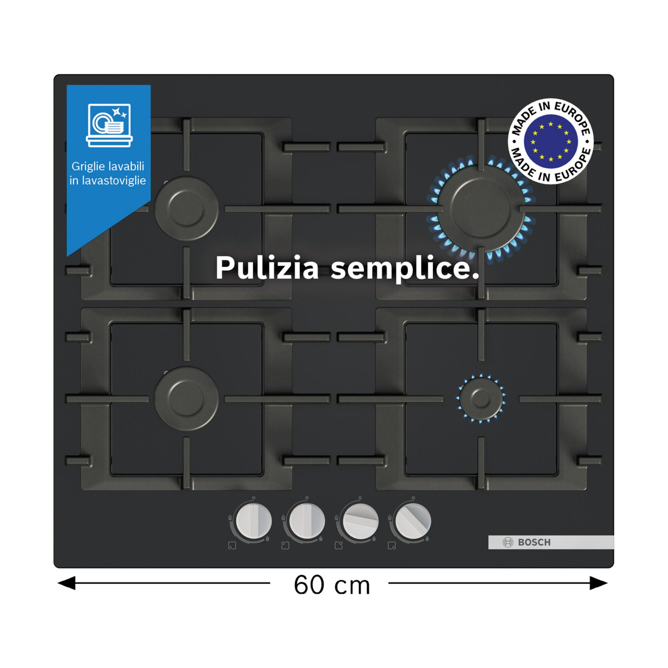 Czarna płyta gazowa z czterema palnikami, z pieczęcią "Made in Europe".