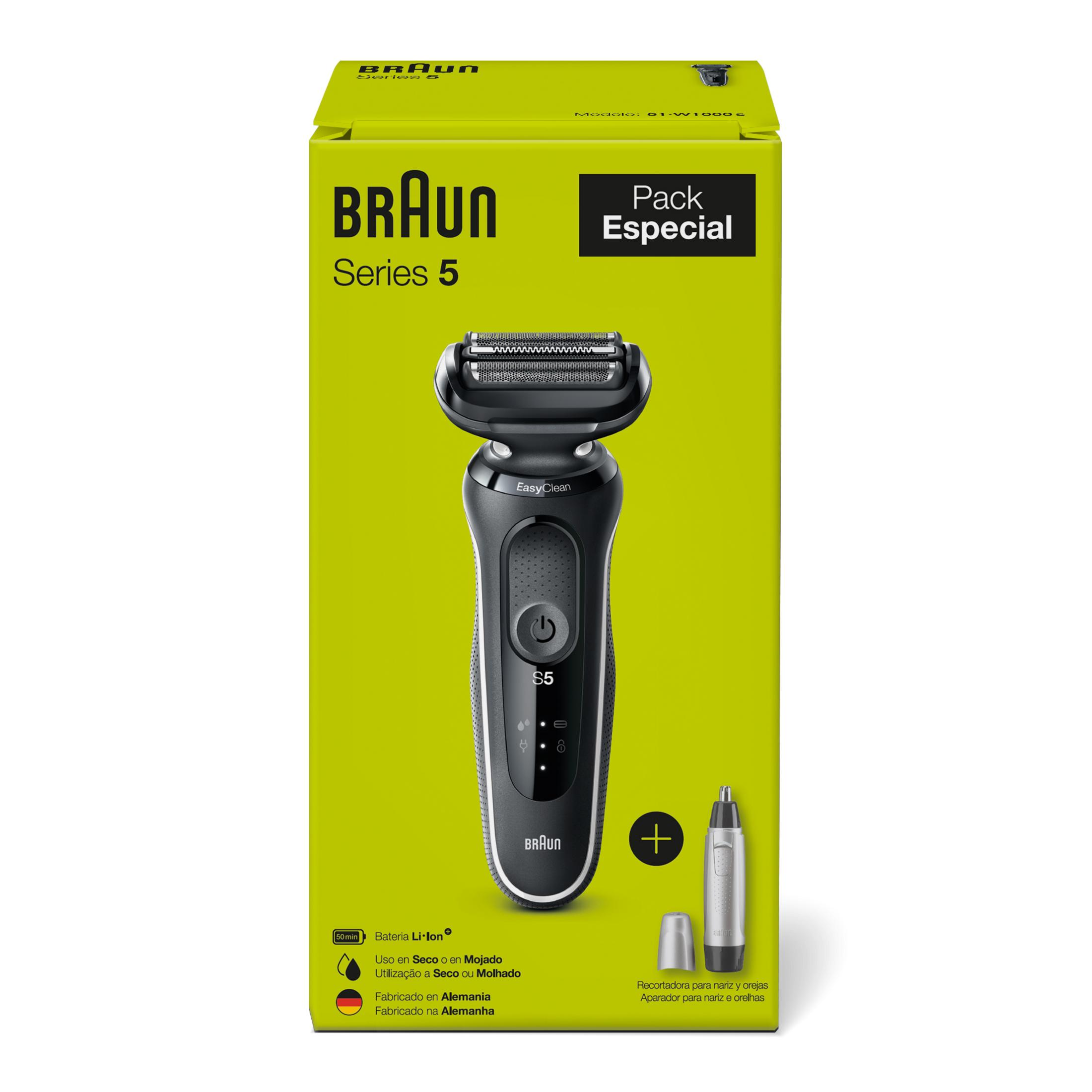 Afeitadora eléctrica Braun Series 5 y recortadora nasal en caja amarilla.