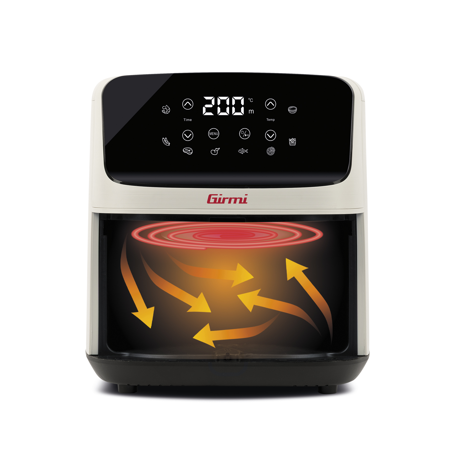 Ein weißer Girmi-Heißluftfritteuse mit digitalem Display, das 200°C zeigt.