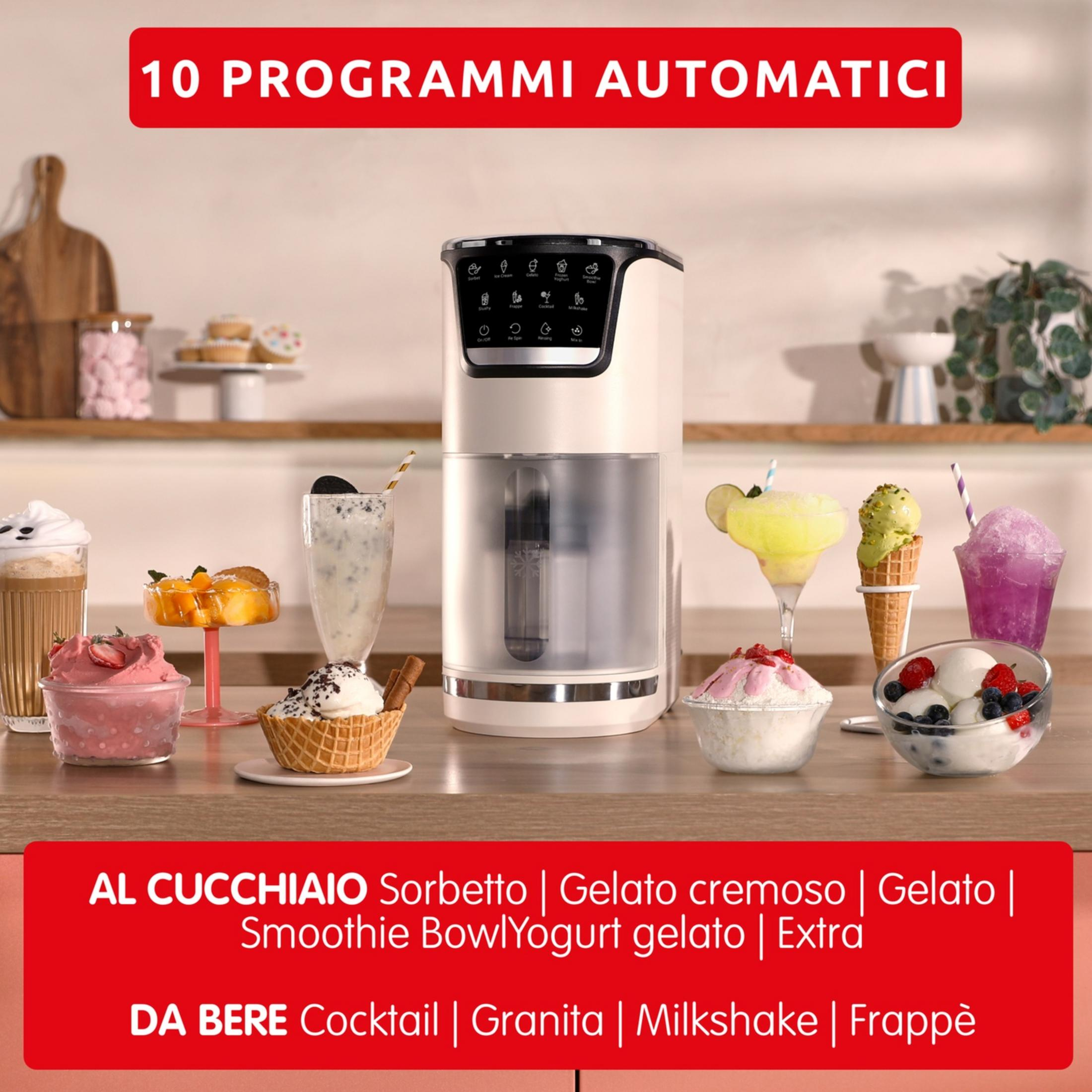 Ein weißer Eisbereiter mit vielen Desserts und Getränken davor.