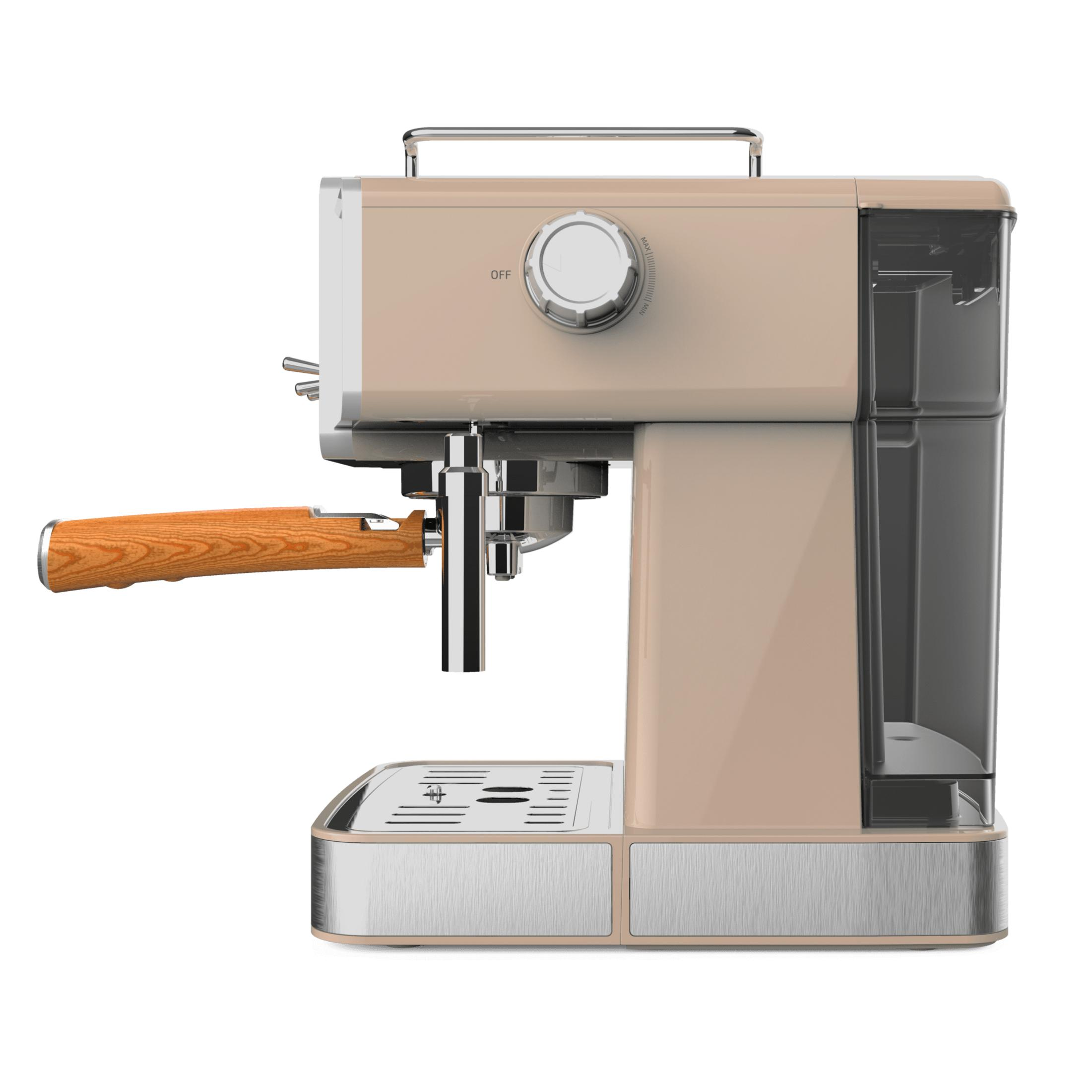 Una cafetera espresso beige con mango de madera y detalles plateados sobre fondo blanco.