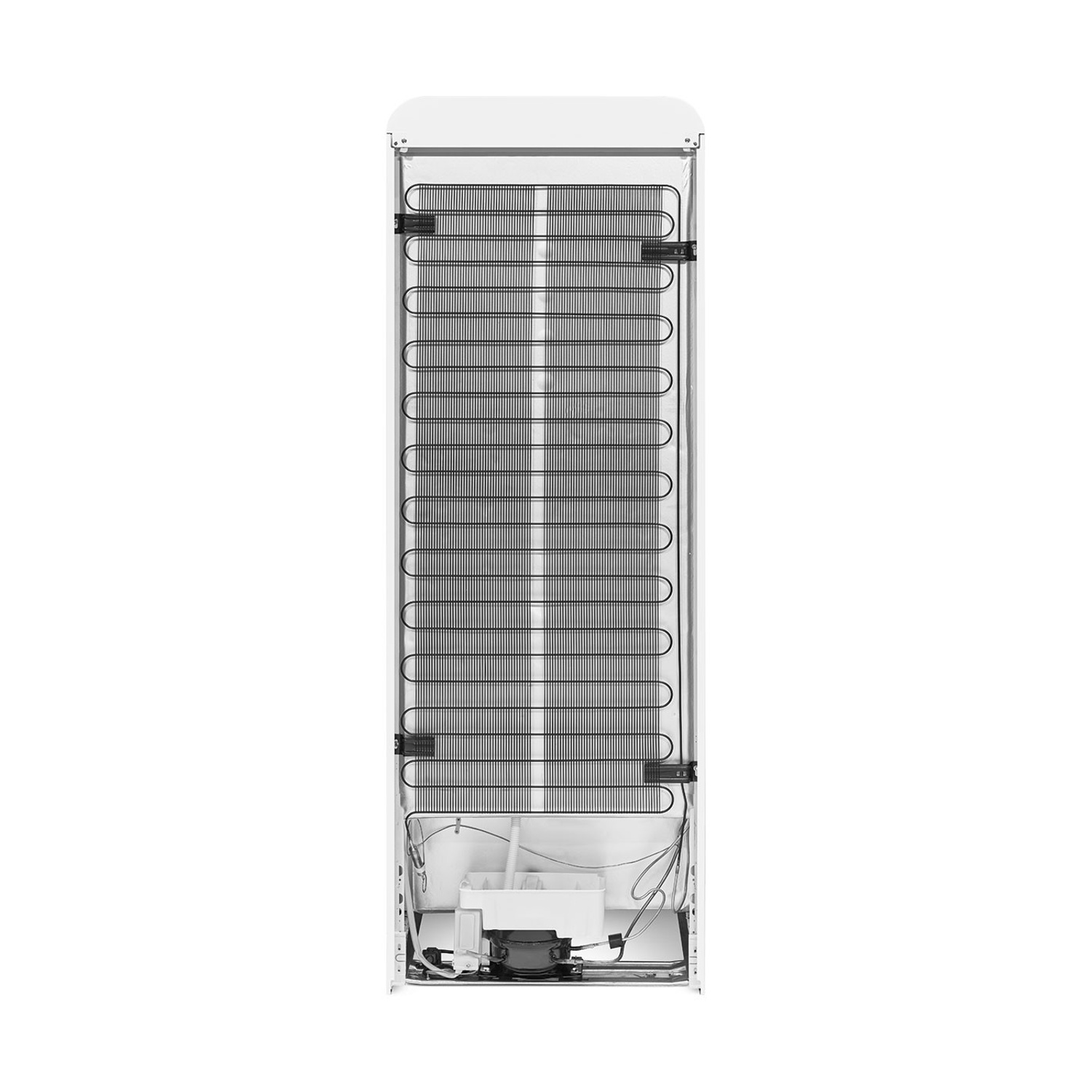 Vista trasera de un refrigerador blanco que muestra el compresor y las bobinas de enfriamiento.