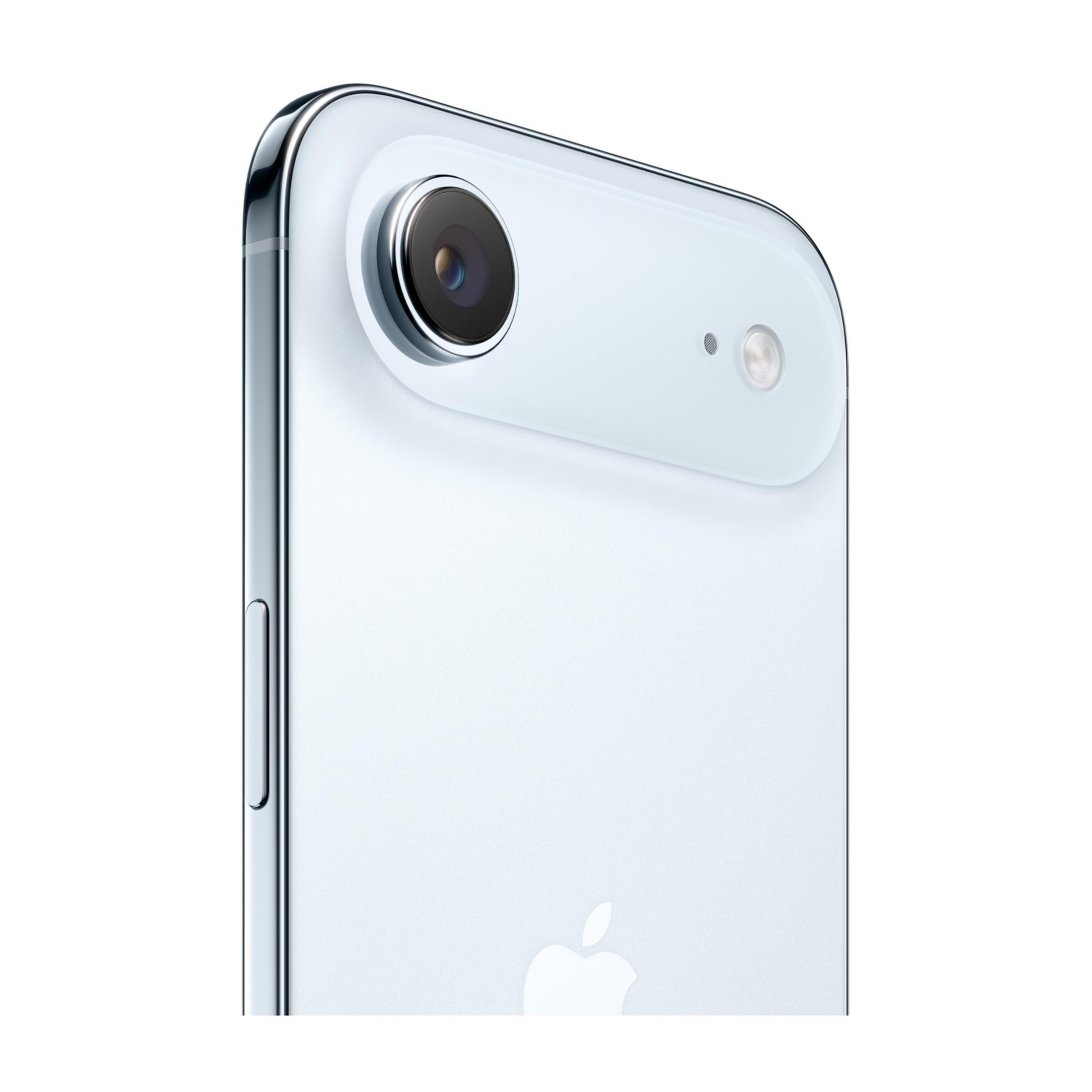 Tył białego iPhone'a z obiektywem aparatu i logo Apple.
