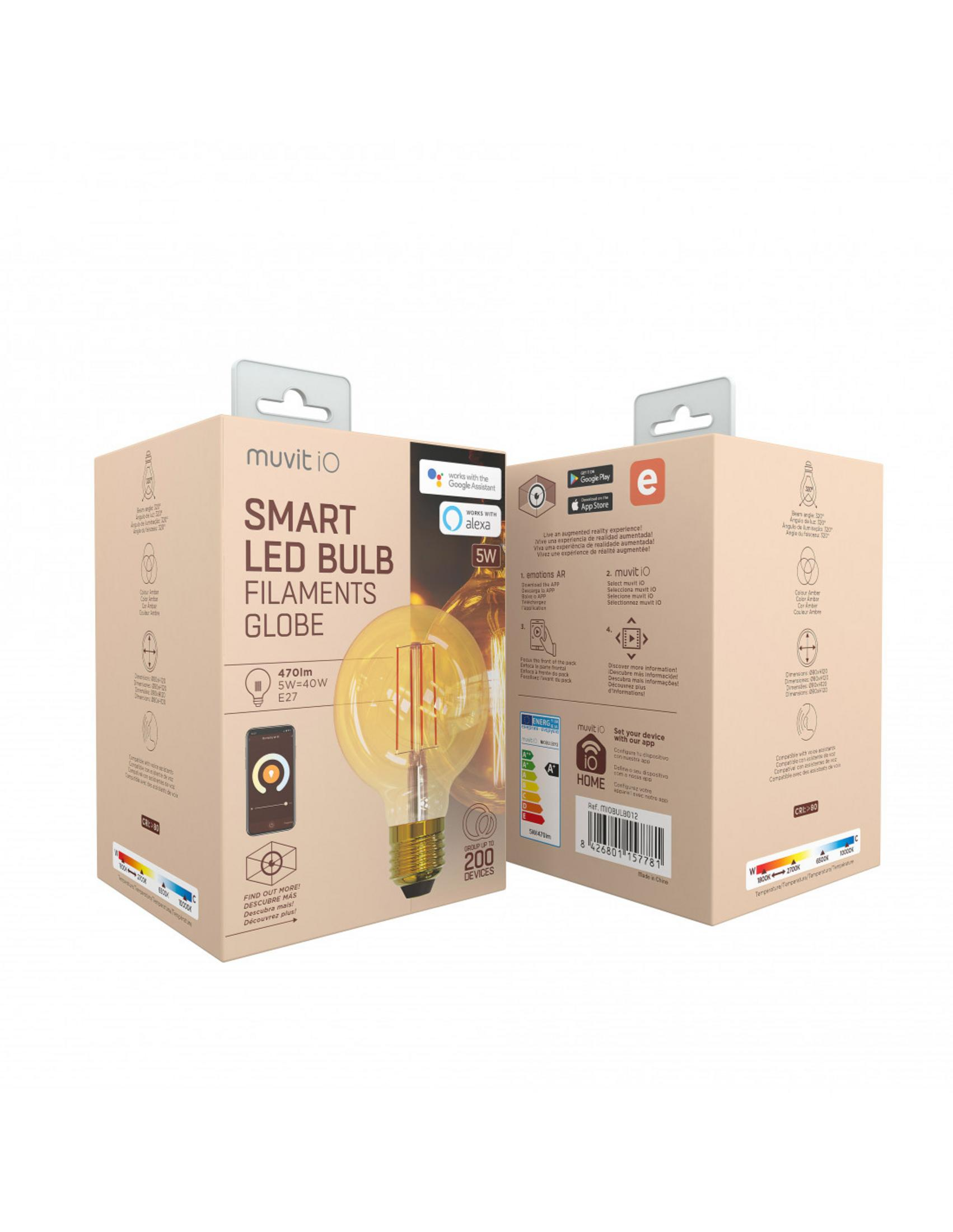 Confezione lampadina Muvit iO SMART LED GLOBE, compatibile Alexa e Google.