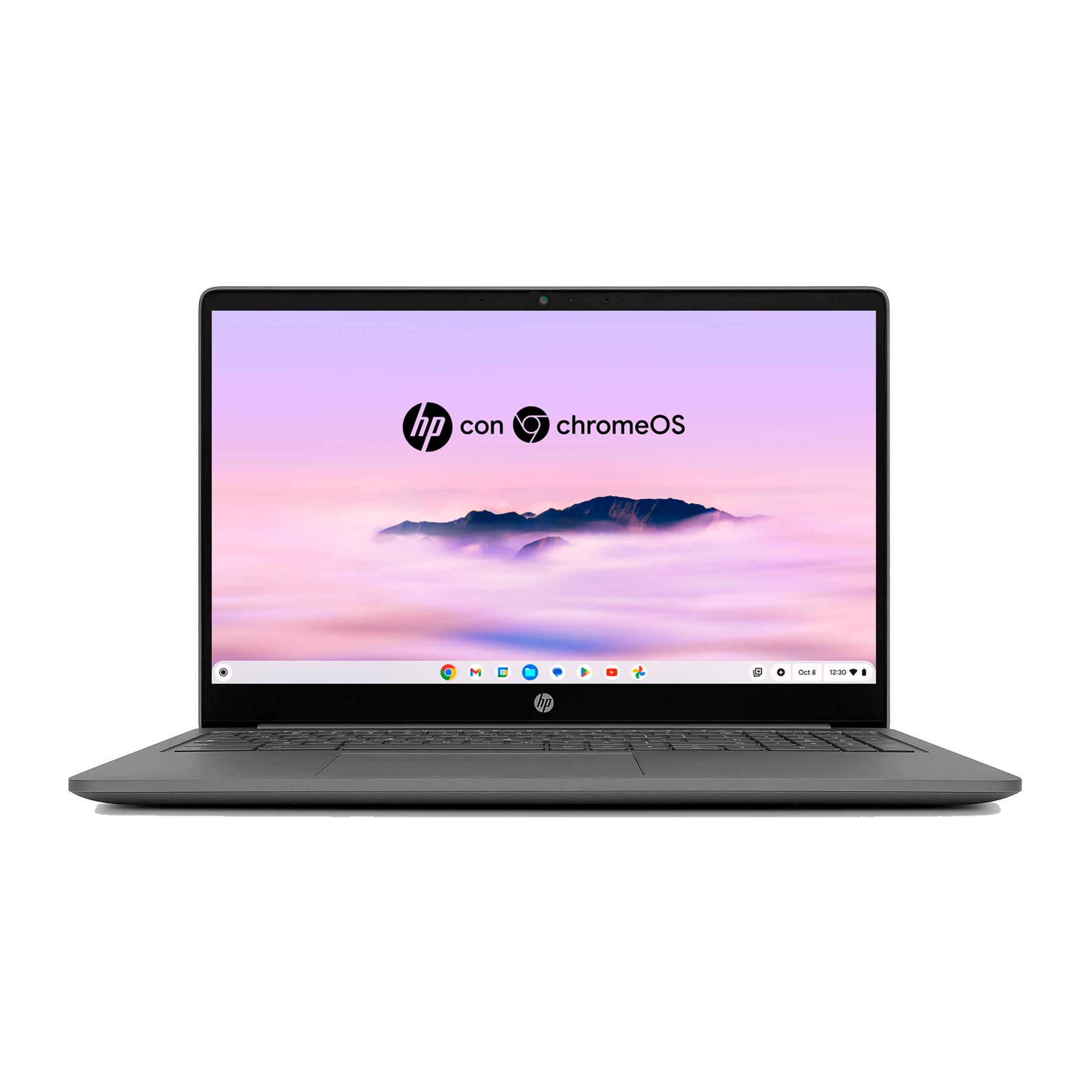 Portátil HP gris mostrando la pantalla de inicio de ChromeOS con paisaje montañoso.