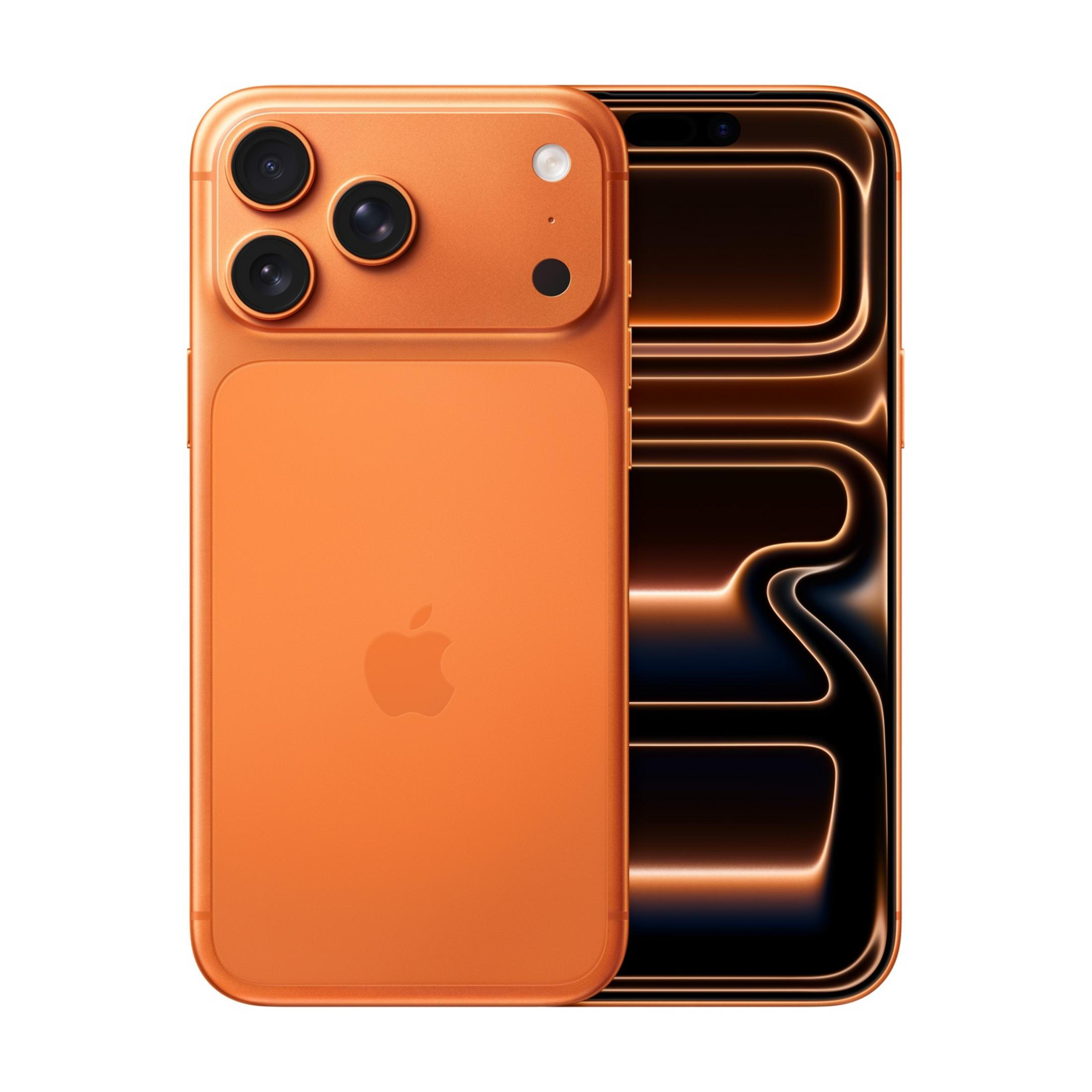 Un iPhone naranja con tres cámaras y un logo de Apple en la parte trasera.