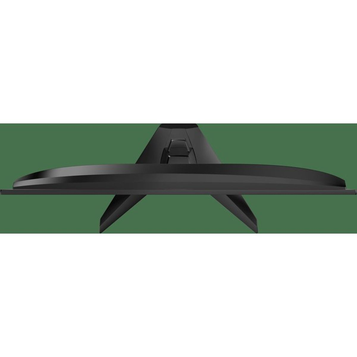Black monitor stand with curved screen and triangular base.