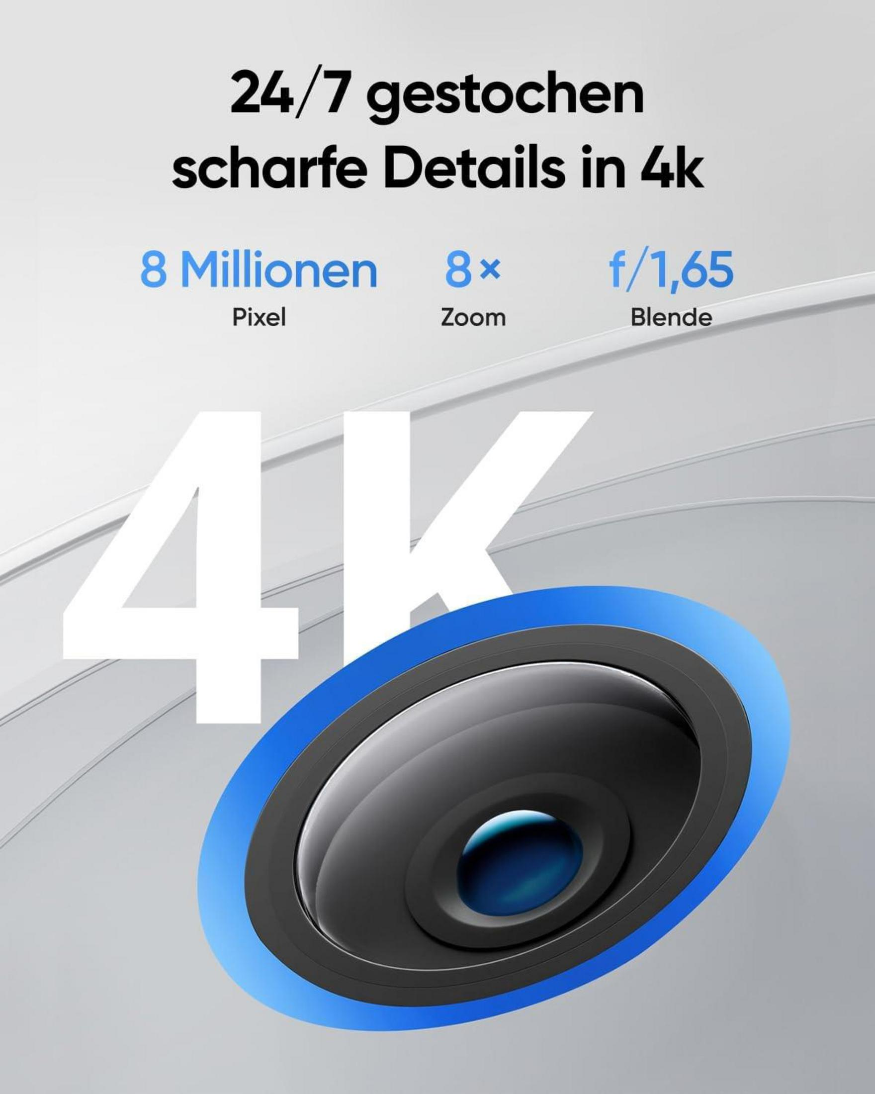 Nahaufnahme einer Kameralinse mit 4K-Auflösung, 8 Mio. Pixel, 8-fachem Zoom und f/1,65 Blende.