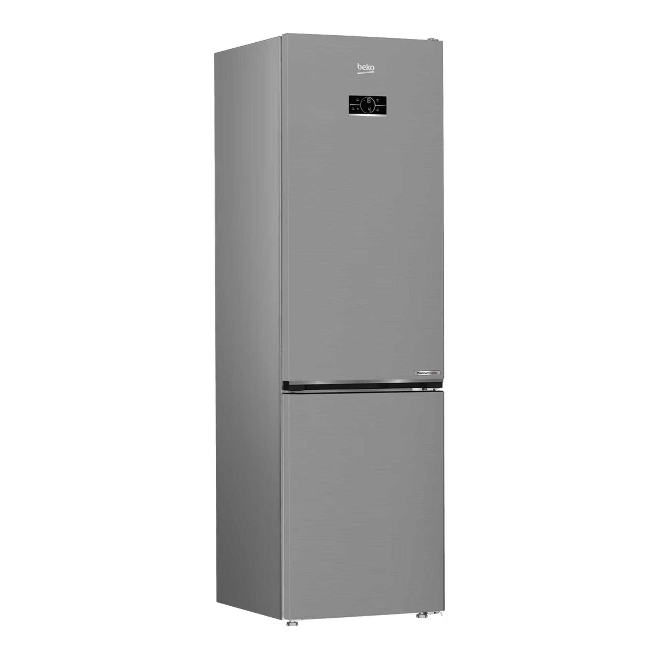 Un frigorifero argento, elegante, a due porte con display digitale.
