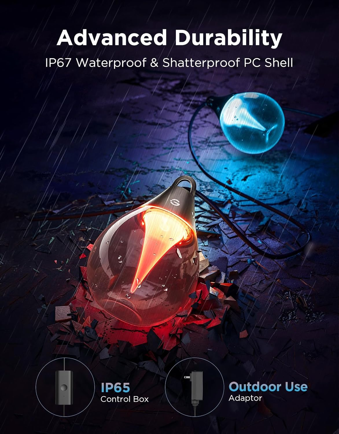 Lit red and blue bulbs on wet ground with text about durability and IP ratings.