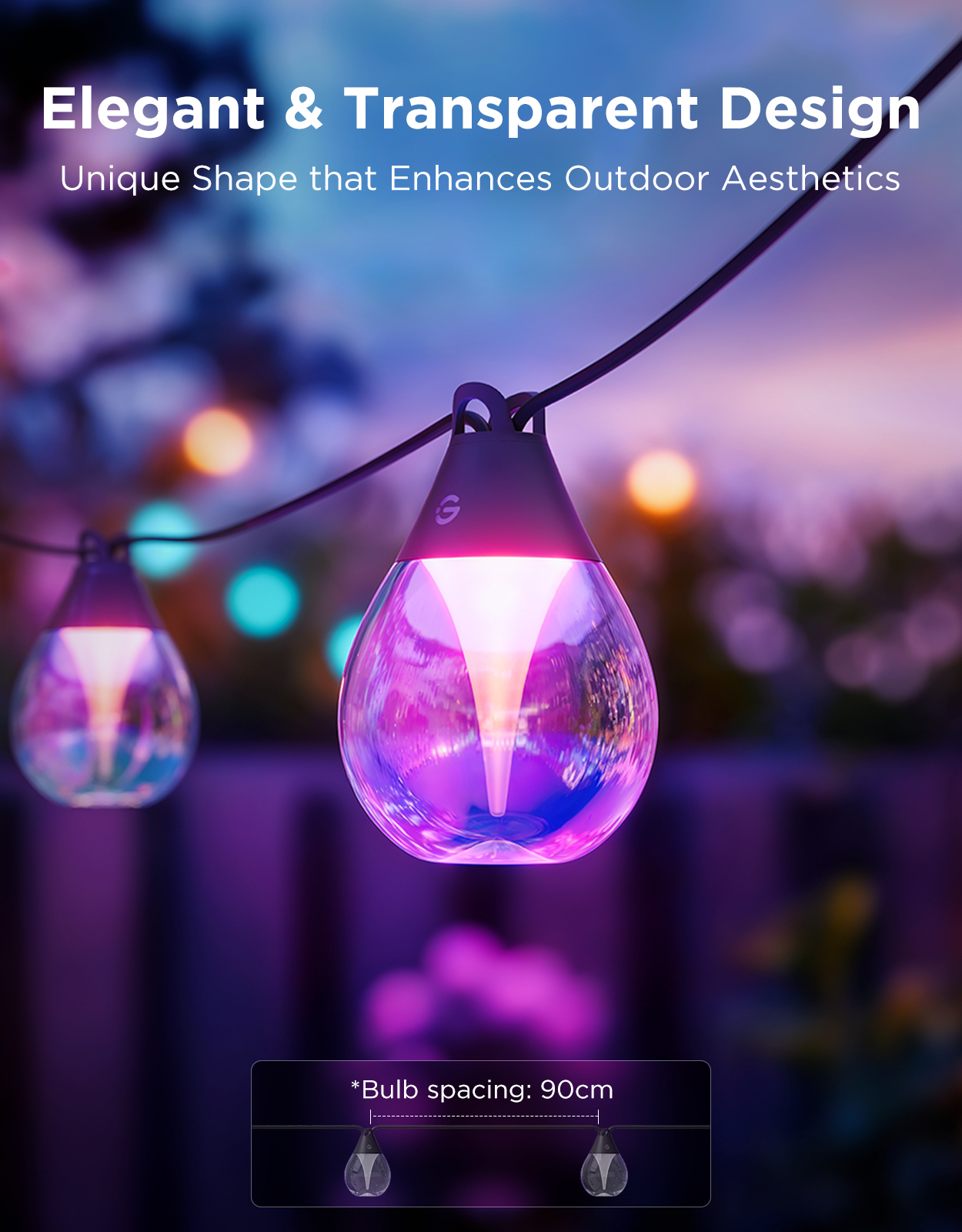 Teardrop string lights with purple and pink lights outdoors.