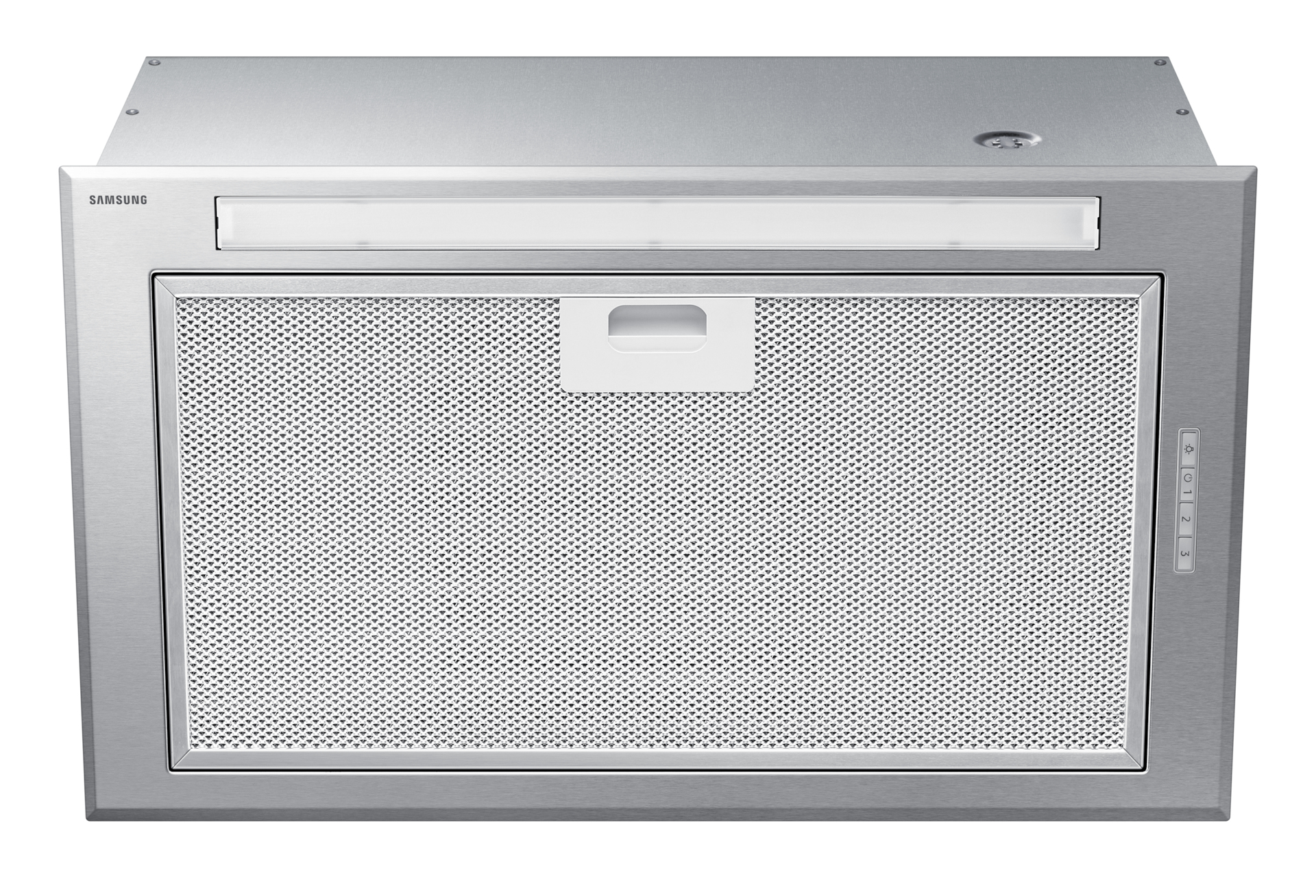 Campana extractora Samsung de acero inoxidable con barra de luz y panel.