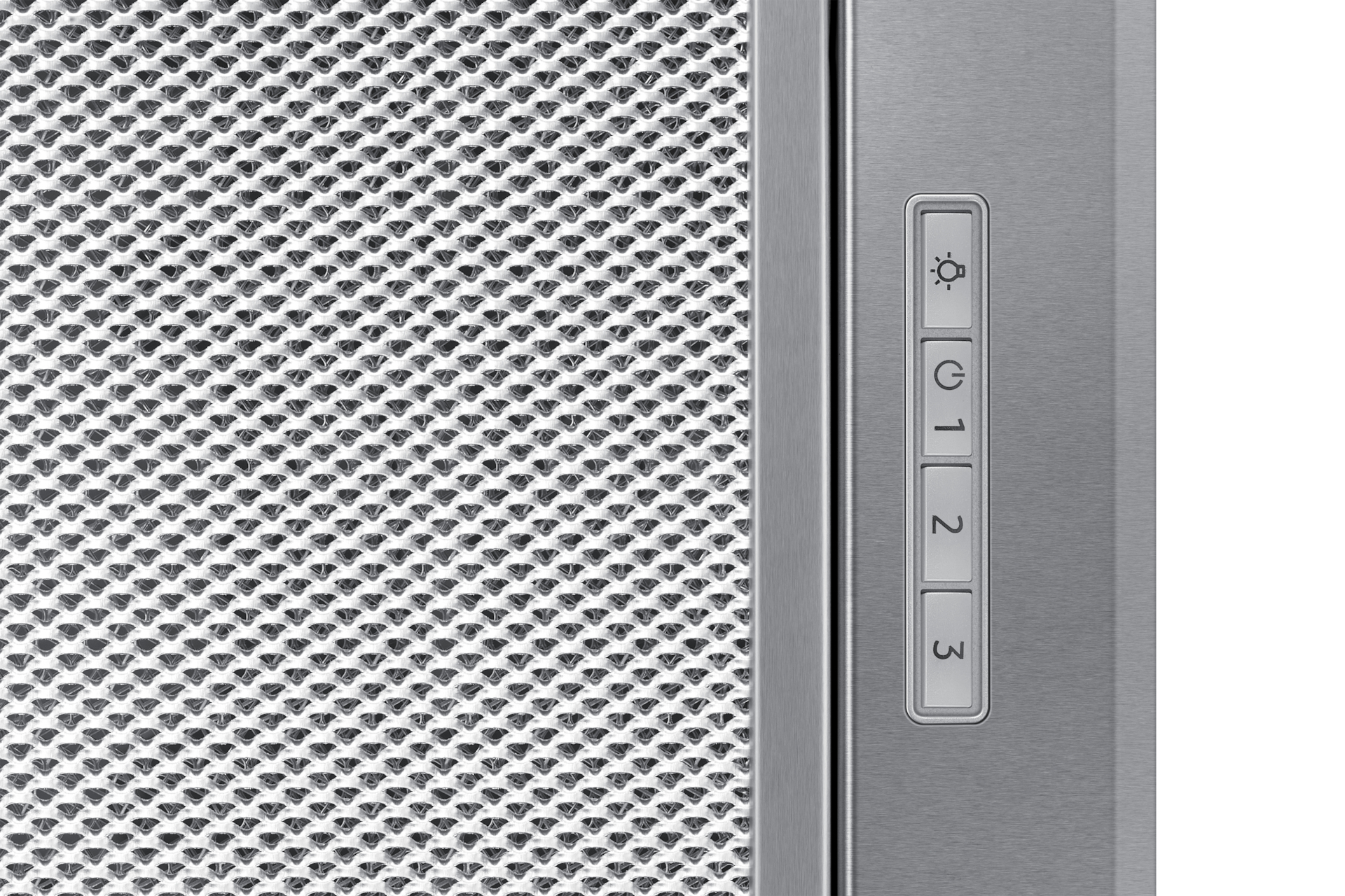 Campana extractora de acero inoxidable con panel de control: luz, encendido/apagado, niveles 1, 2, 3.