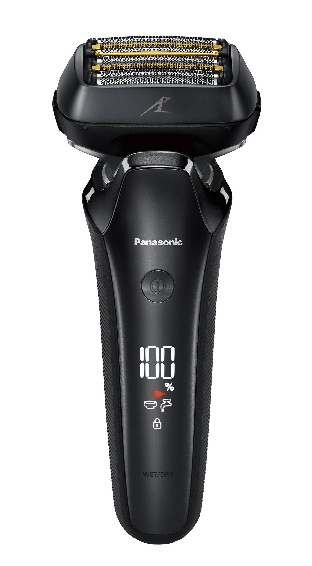 Schwarzer Panasonic Rasierer mit silbernen Akzenten, 100% Akkuanzeige.