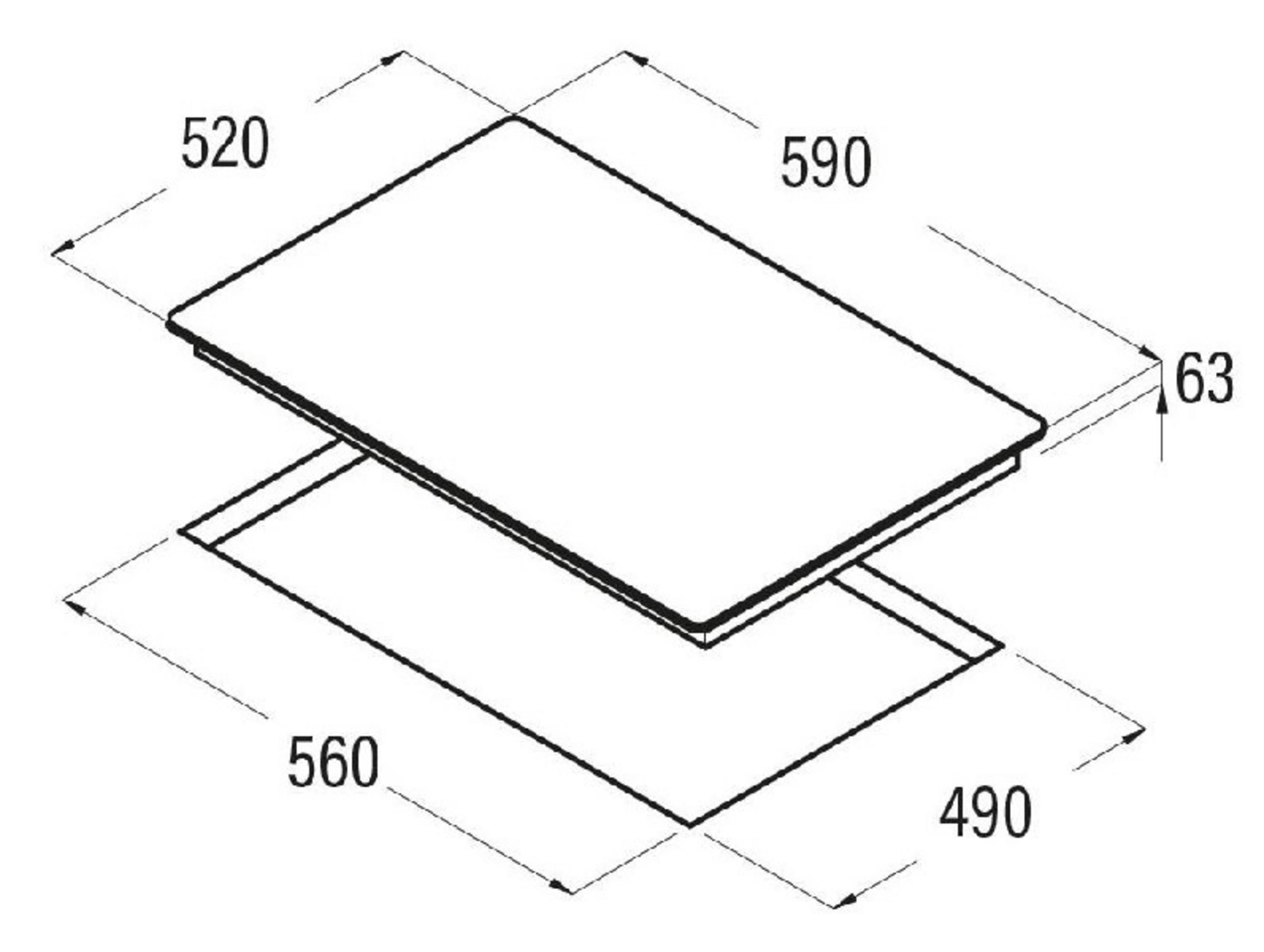 Dibujo técnico de una placa de cocina de 520x590x63 mm.