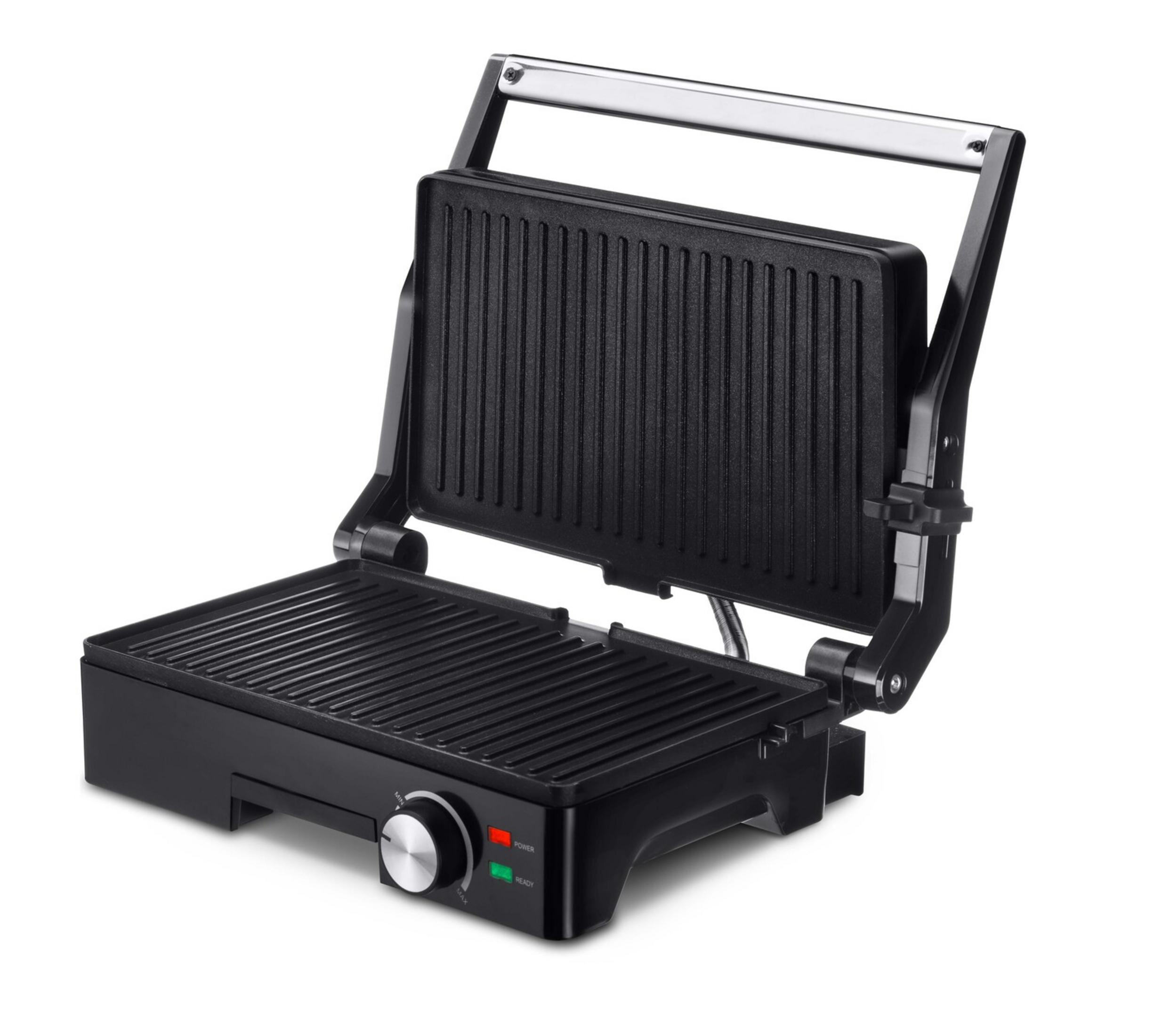 Una parrilla de contacto negra con la tapa abierta, mostrando placas acanaladas.