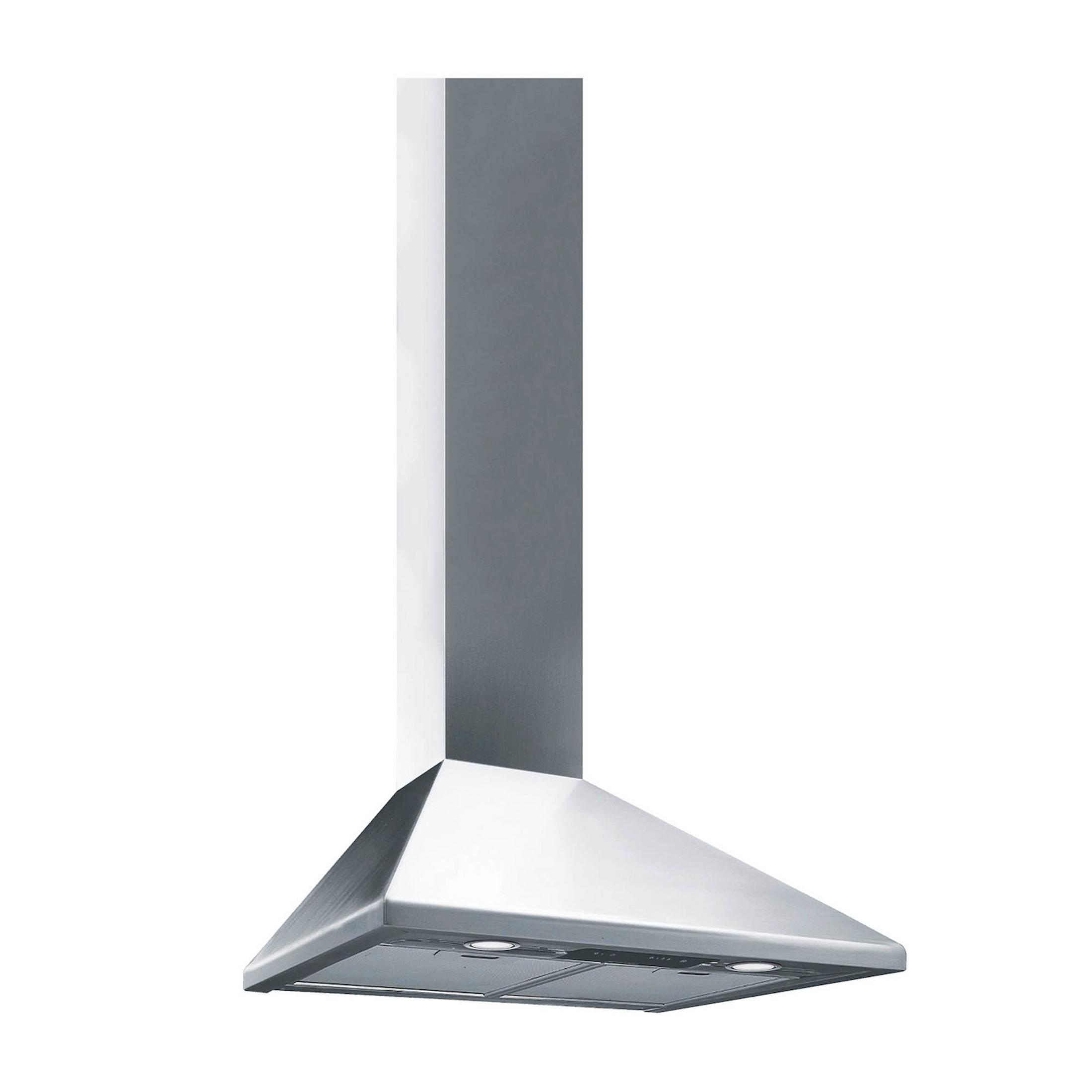 Una campana extractora de acero inoxidable con chimenea rectangular y cubierta ancha.