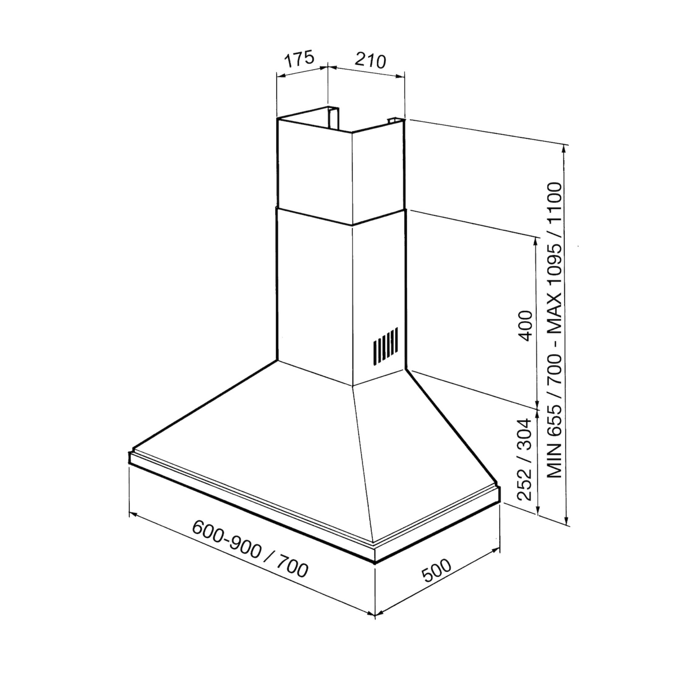 Dibujo técnico de una campana extractora con dimensiones.