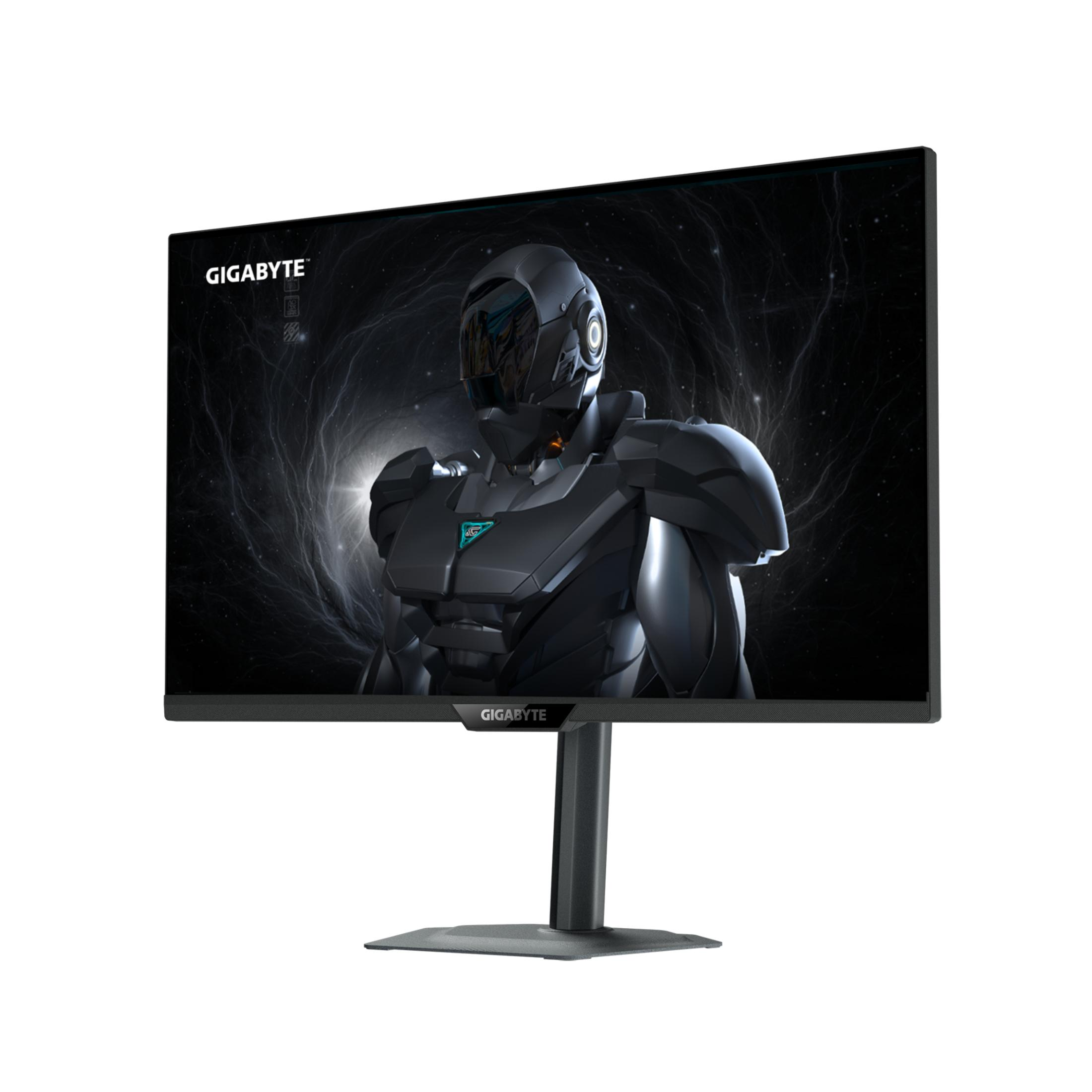 Un monitor negro con un fondo de pantalla de robot futurista y el logo GIGABYTE.