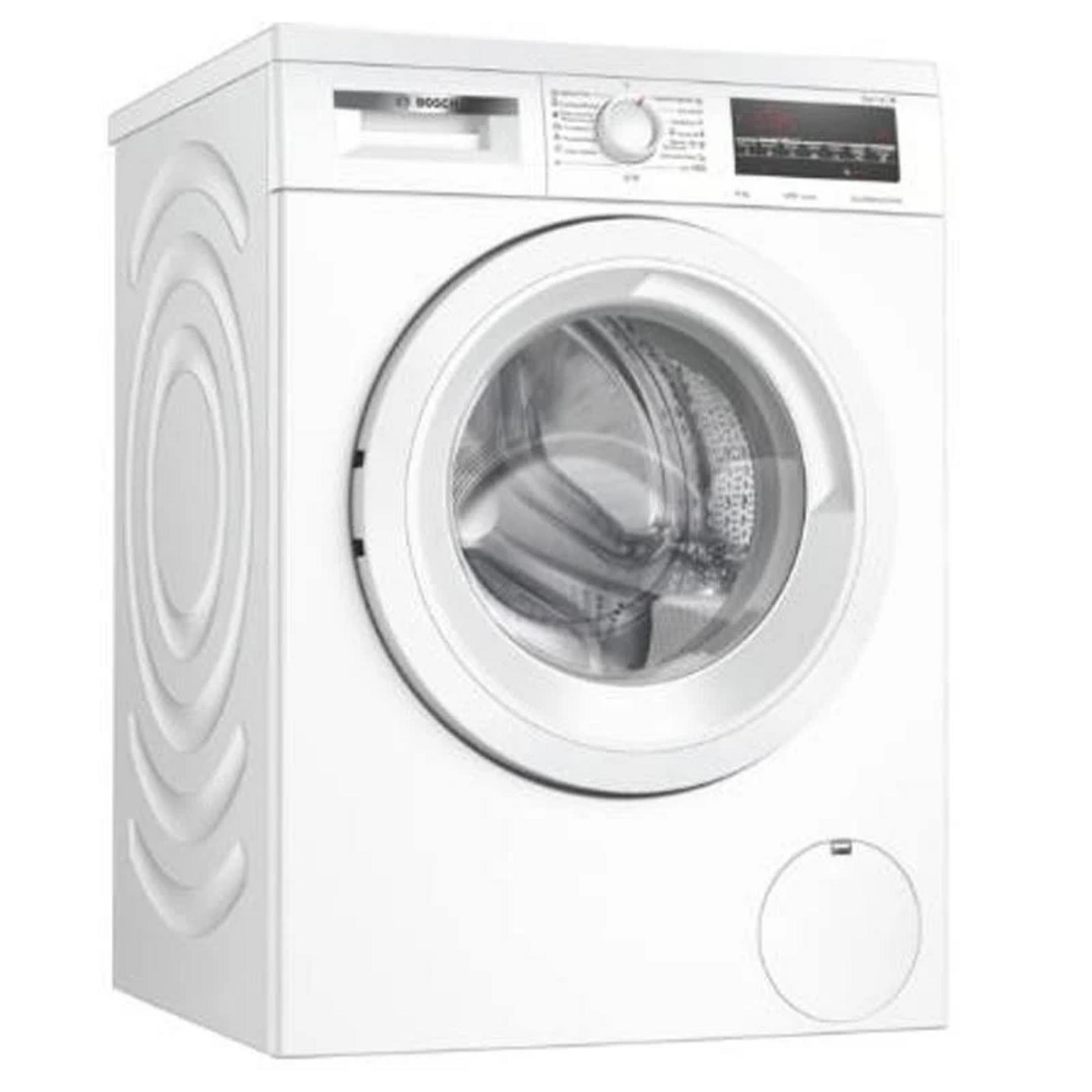 Una lavadora blanca Bosch con puerta redonda y panel de control.