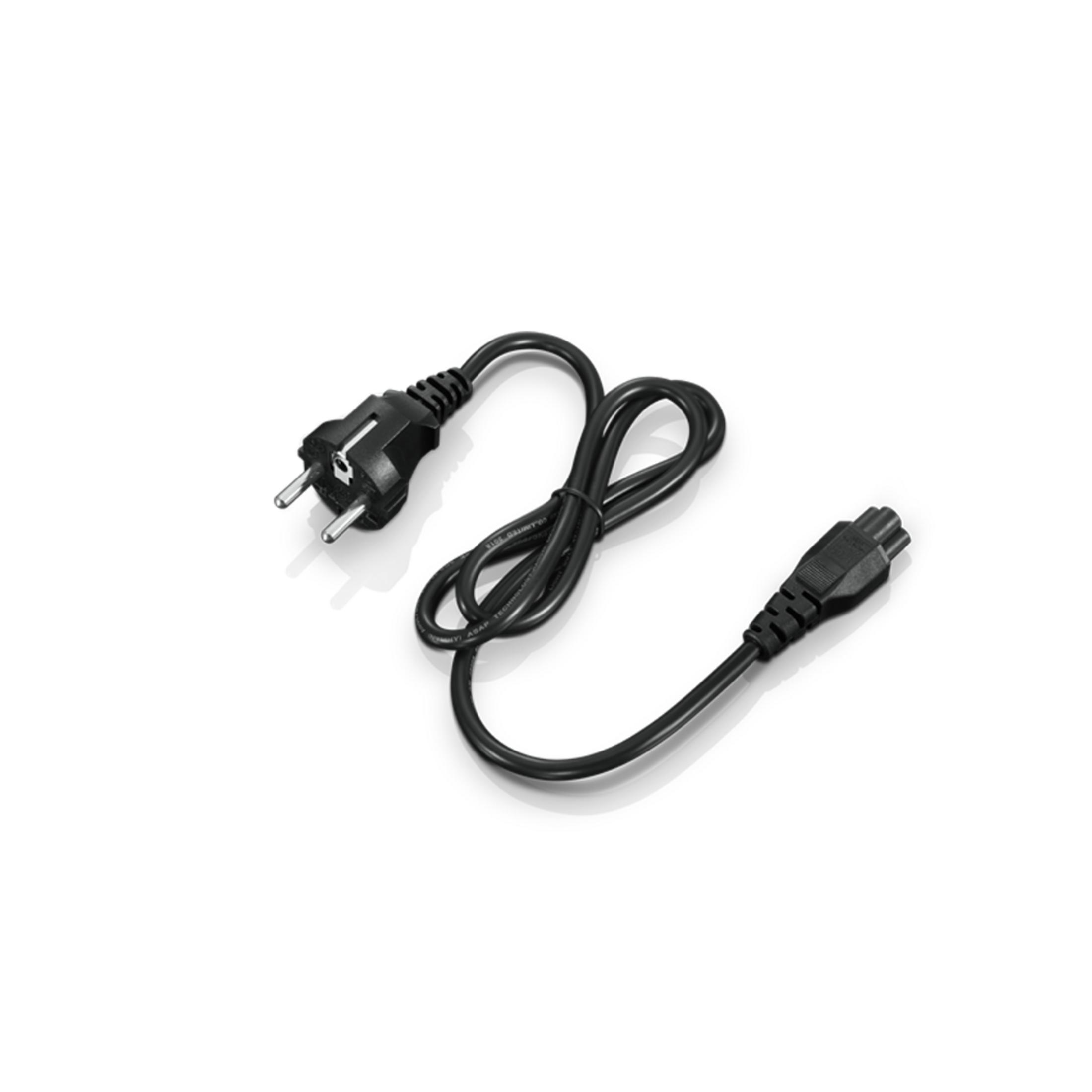 Un cable de alimentación negro con enchufe europeo y conector de tres pines.