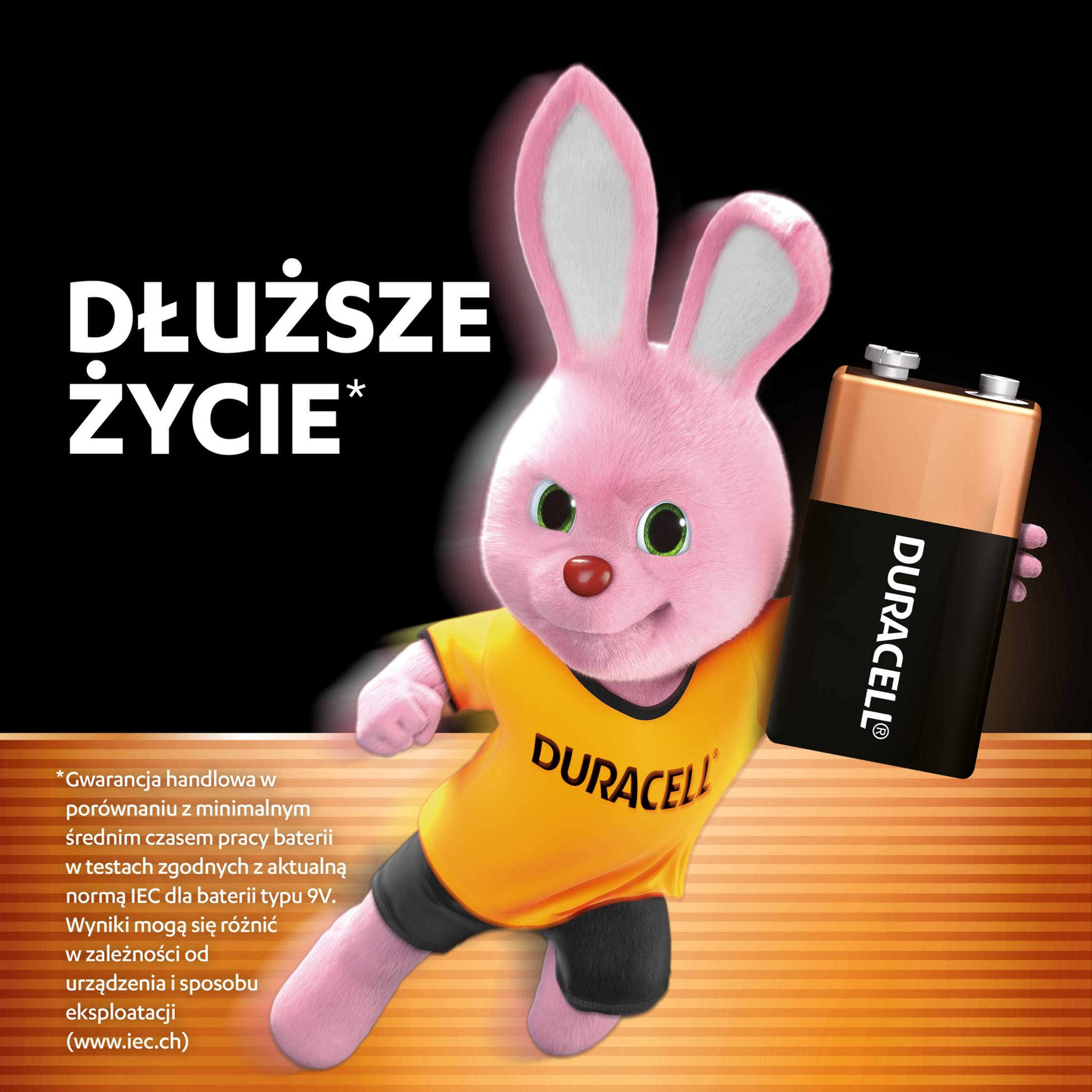Ein rosa Hase mit Duracell-T-Shirt hält eine Batterie.