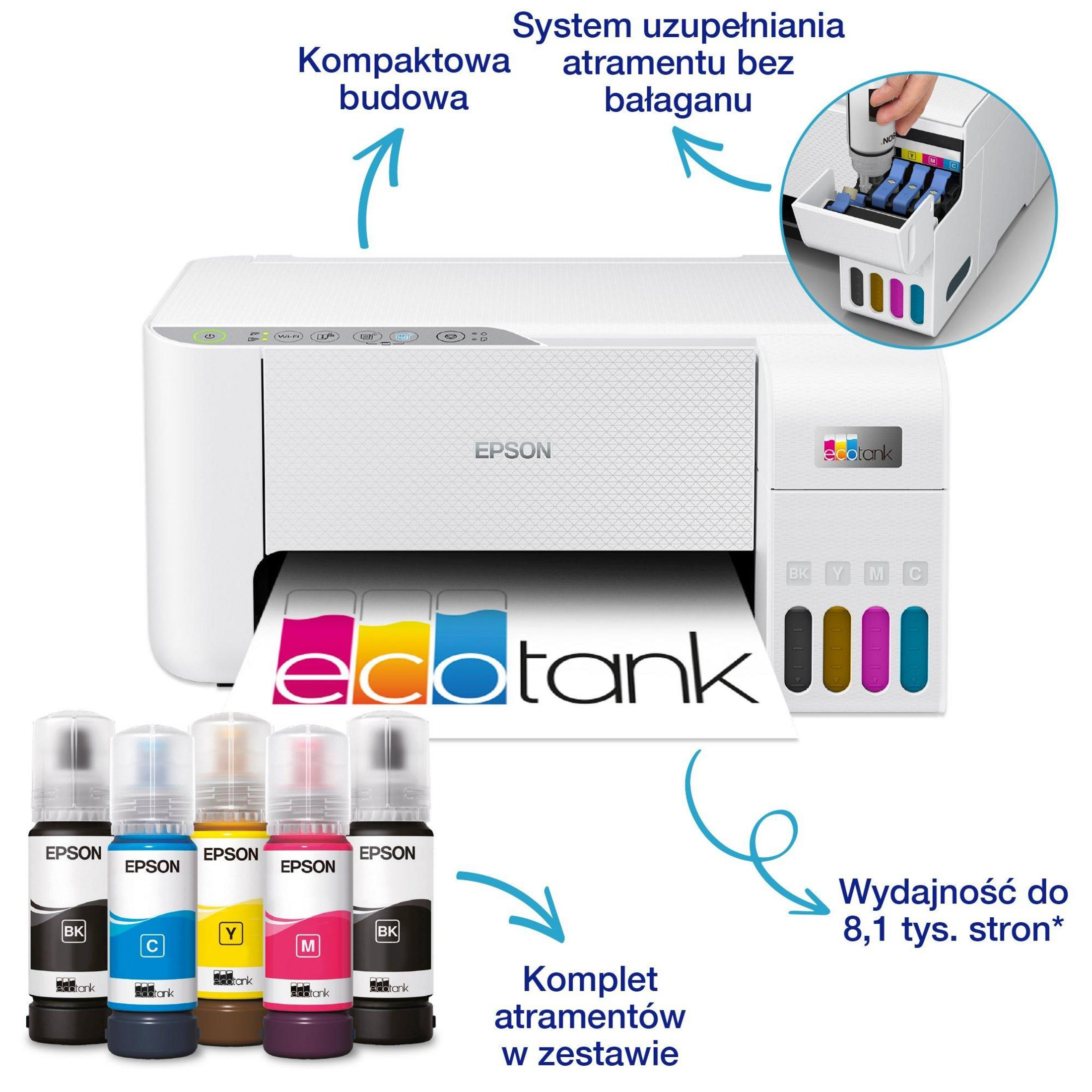 Impresora Epson EcoTank con botellas de tinta: compacta, recarga sin derrames, alto rendimiento.