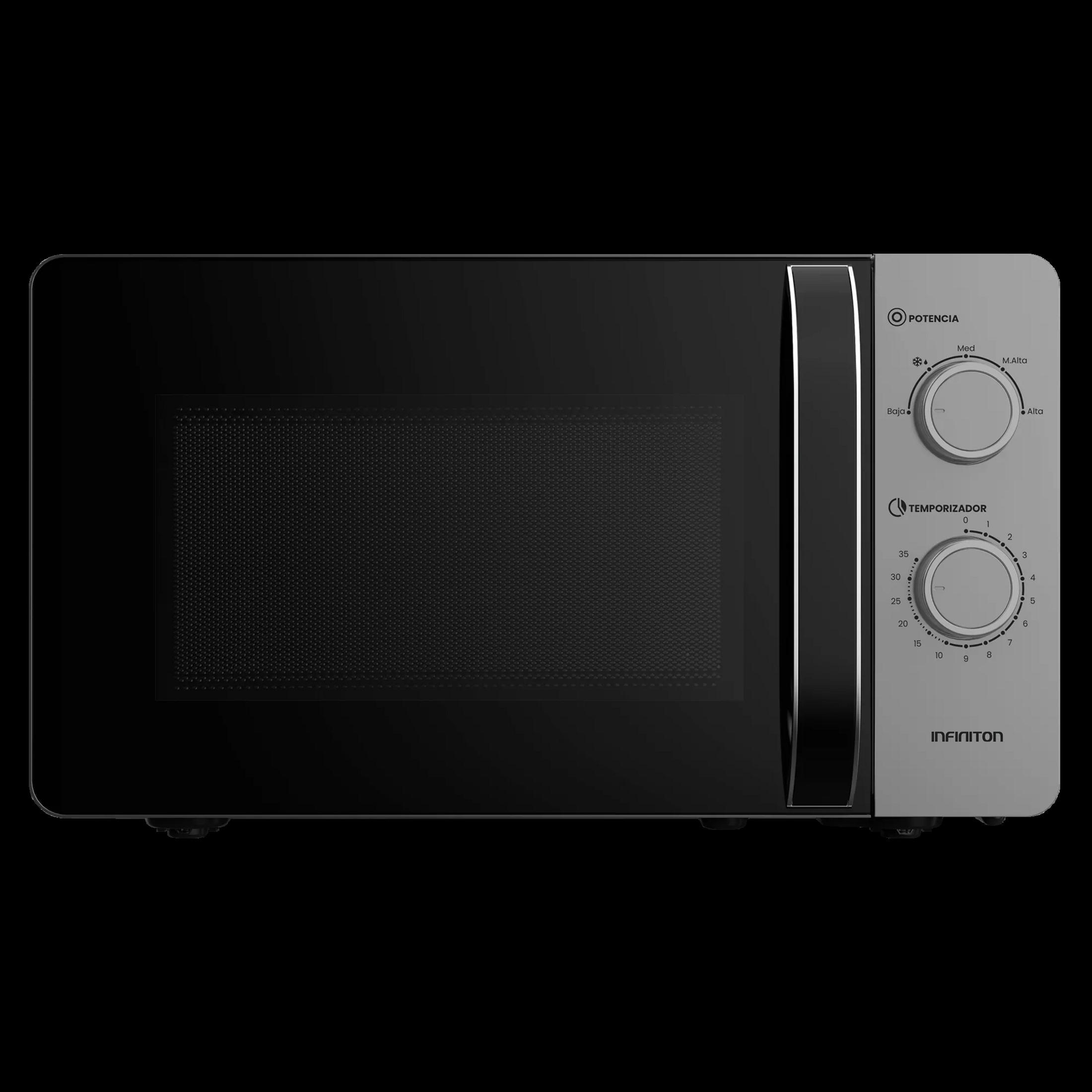 Forno a microonde nero con manopole argentate e timer.