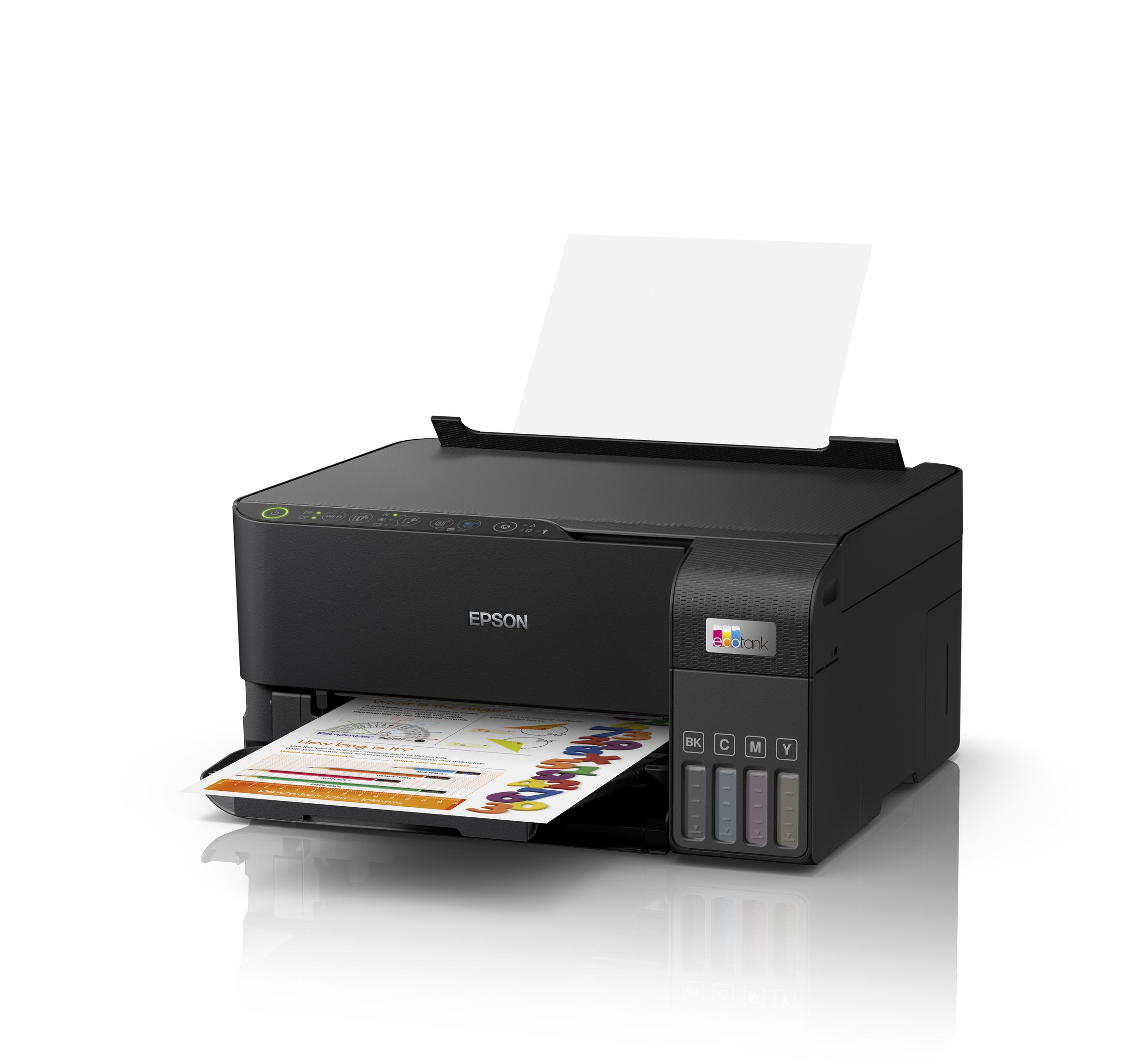 Kağıt besleyici ve çıktı tepsisinde kağıt bulunan siyah bir Epson EcoTank yazıcı.