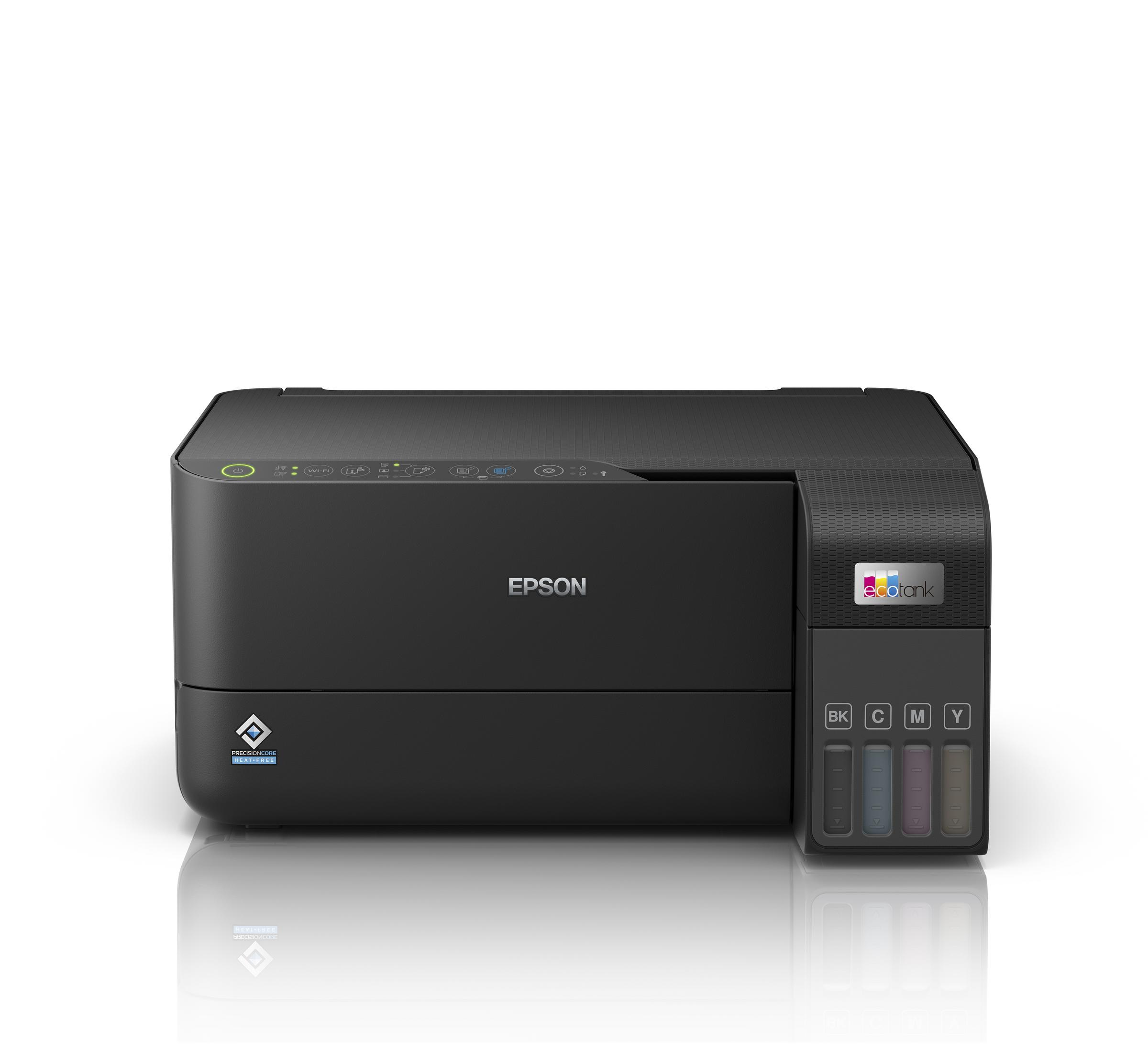 Mürekkep tankları ve kontrol panelli siyah Epson EcoTank yazıcı.
