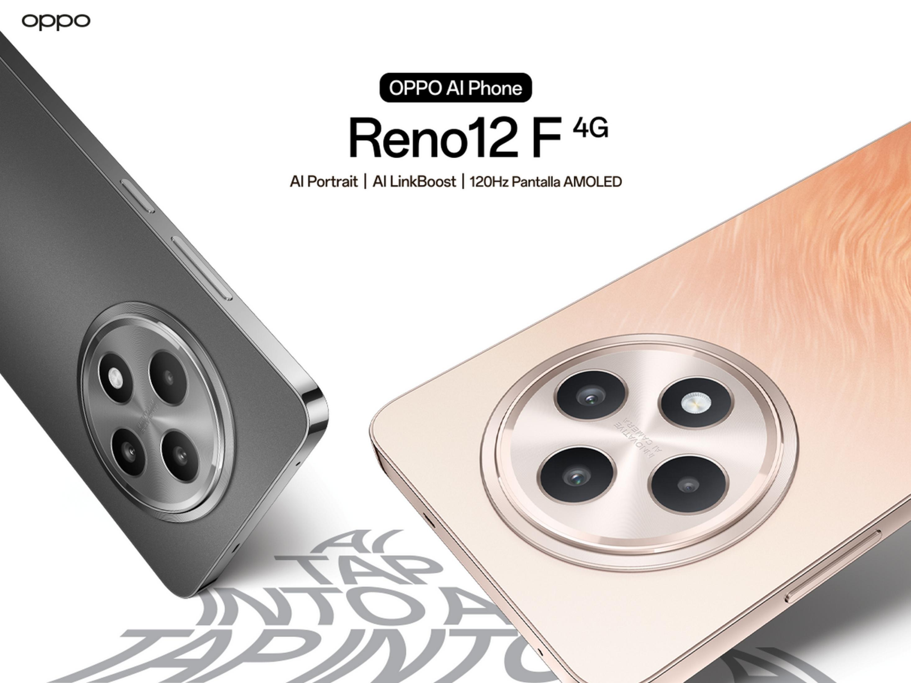 Dos smartphones OPPO Reno12 F 4G, uno gris, uno dorado, con arreglos de cámara.
