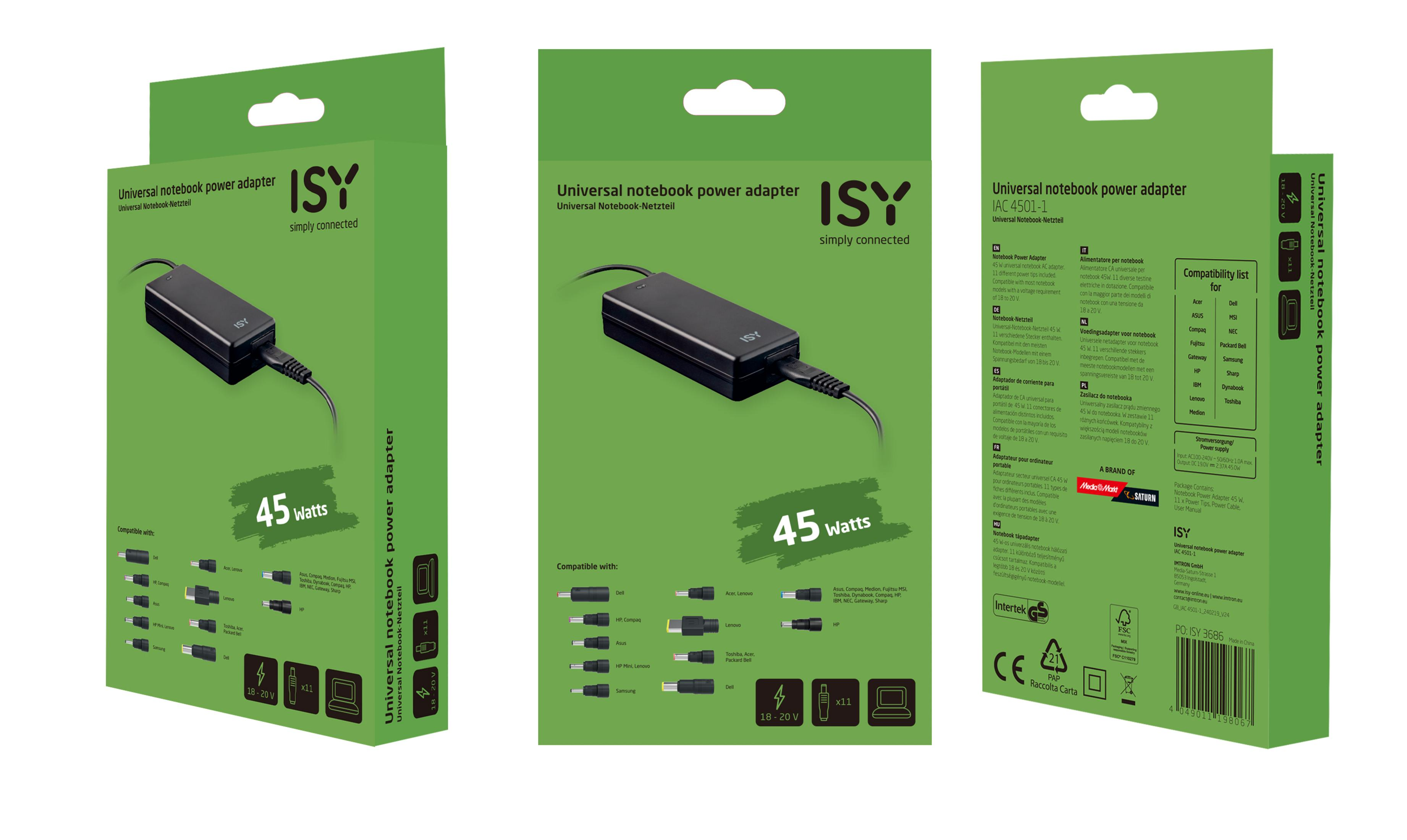 Verpackung eines 45W Universal-Notebook-Netzteils mit Zubehör und Kompatibilitätsliste.