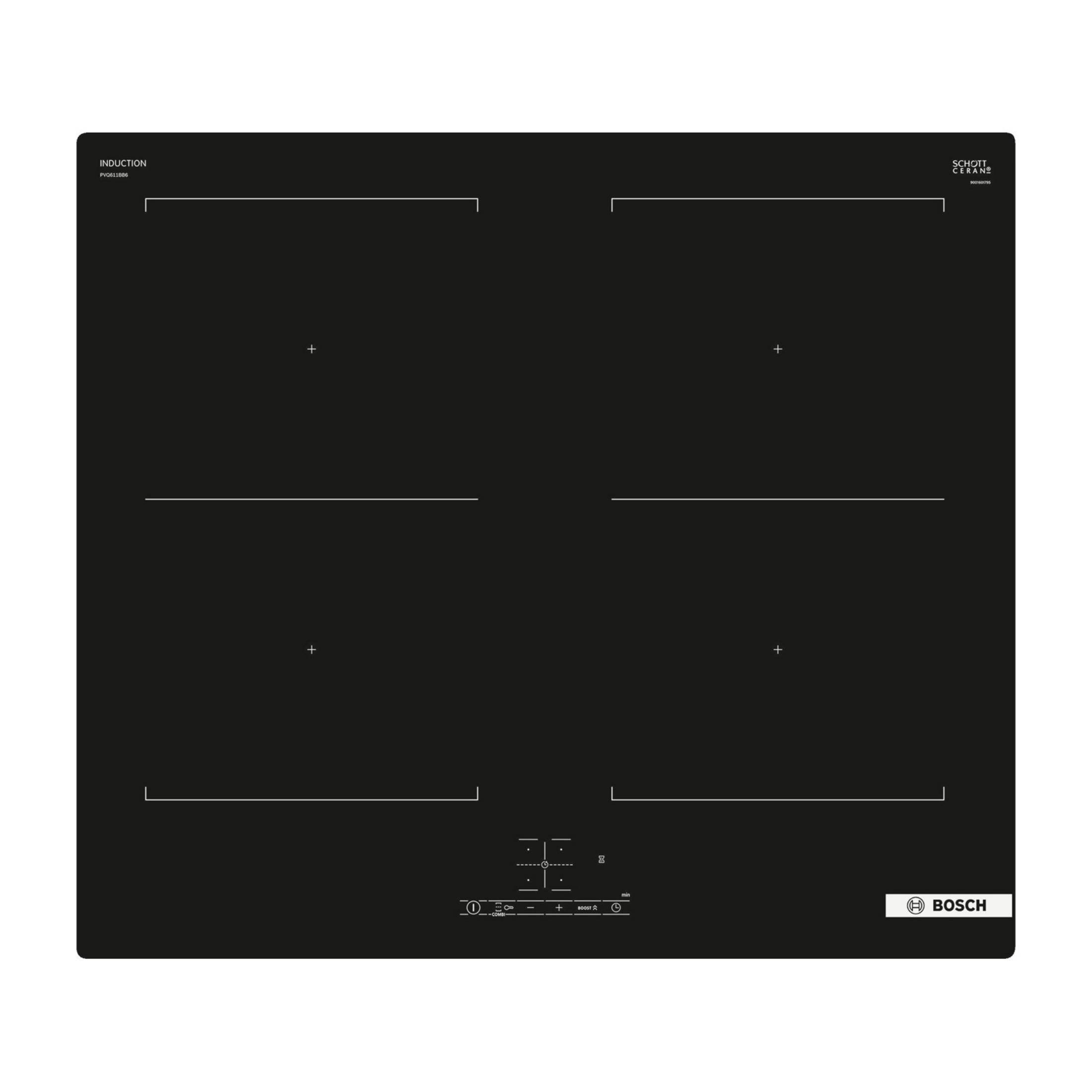 Placa de inducción negra con cuatro zonas de cocción y controles táctiles.