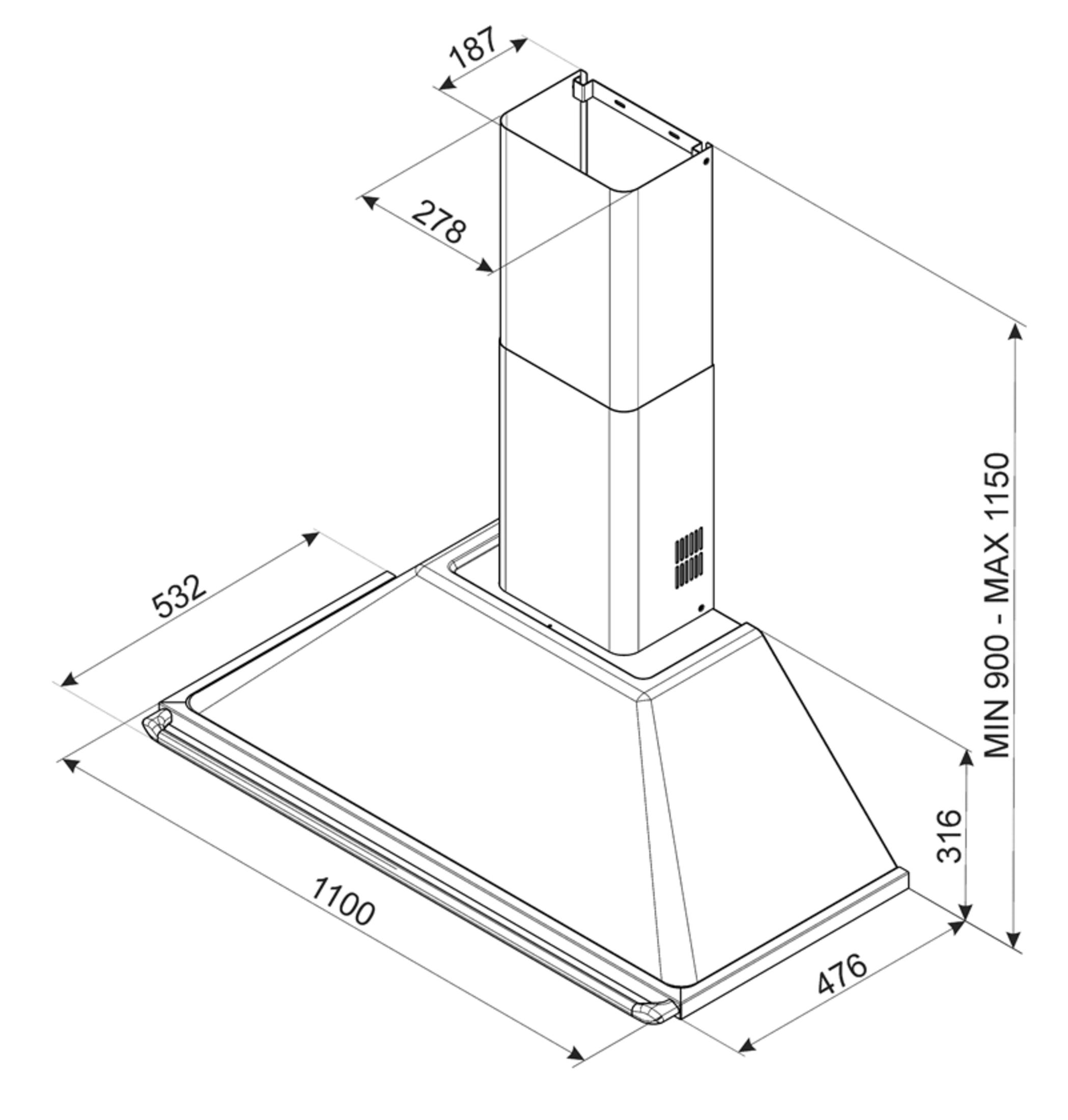 Disegno tecnico di una cappa aspirante con dimensioni.