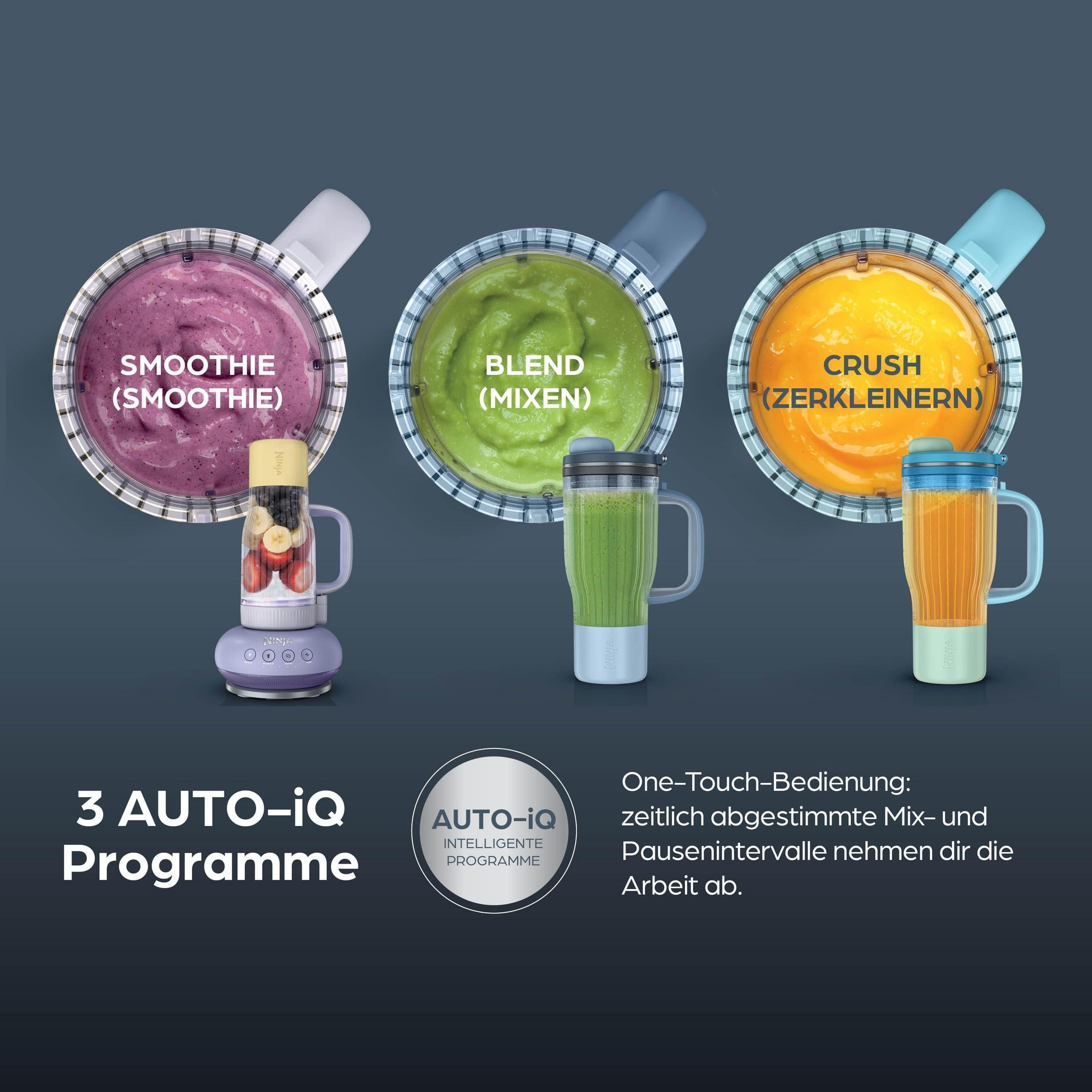 Tre programmi per frullati: Smoothie, Blend, Crush. Con frullatori Ninja e ingredienti.