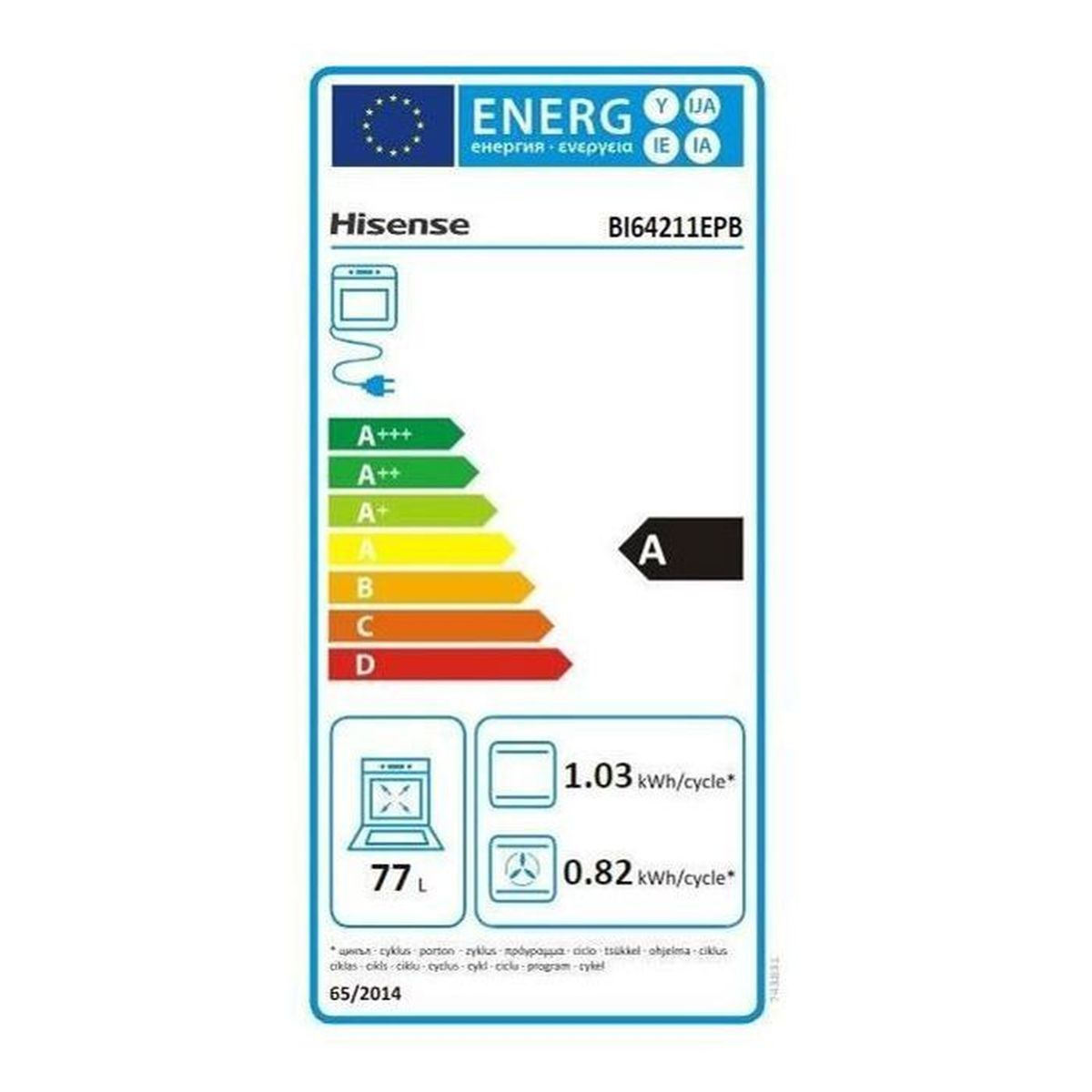Etichetta energetica Hisense BI64211EPB: A+++, 77L capacità, 1.03 kWh/ciclo.