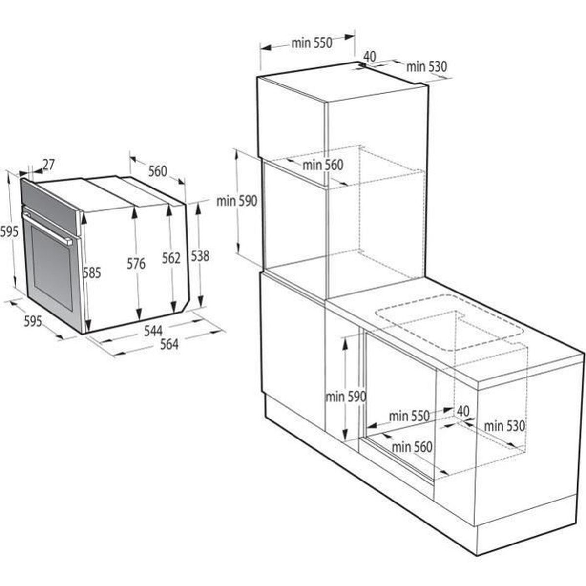 Disegno tecnico di elettrodomestici da cucina con dimensioni e distanze minime.