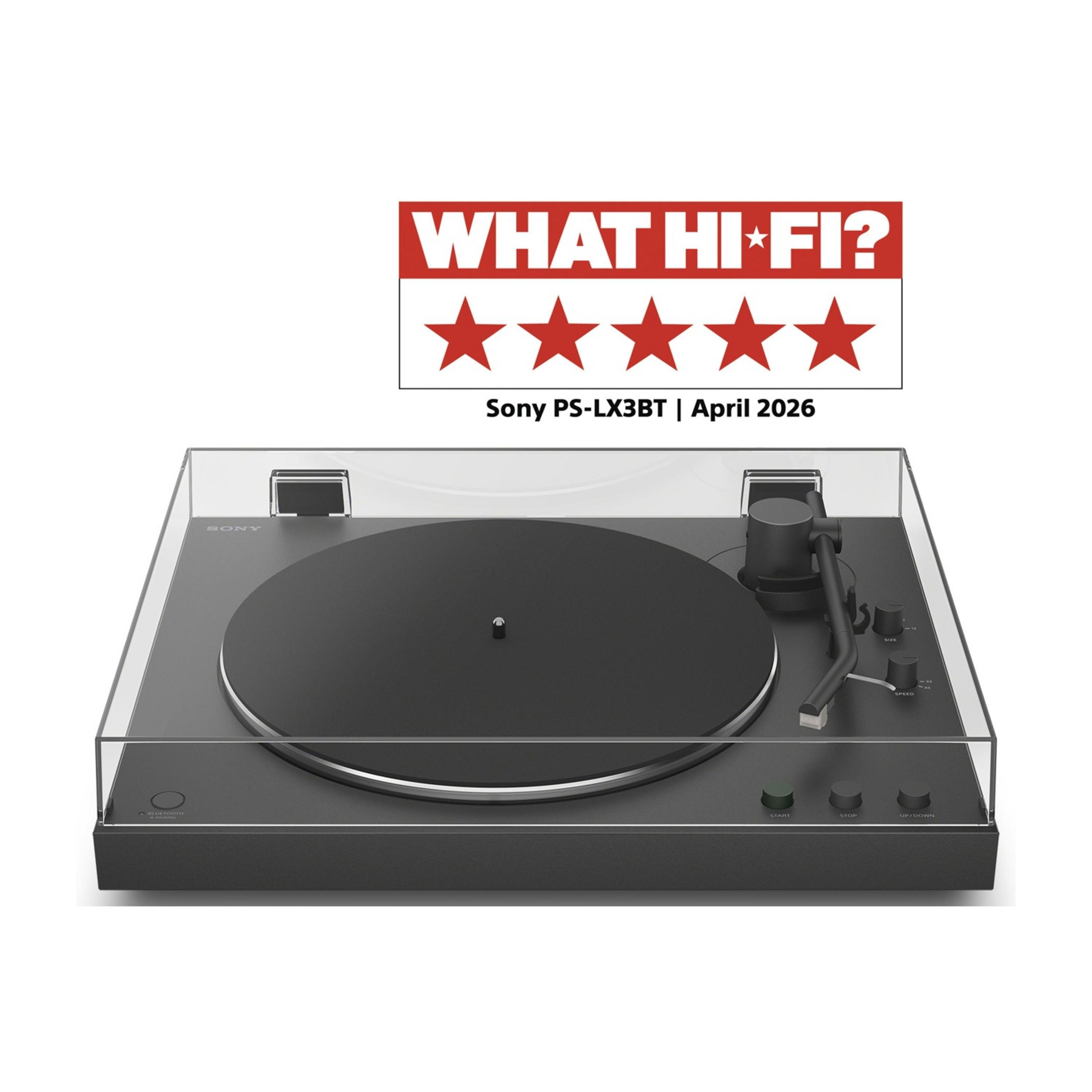 Un giradischi Sony nero con logo rosso "WHAT HI-FI?" e quattro stelle.