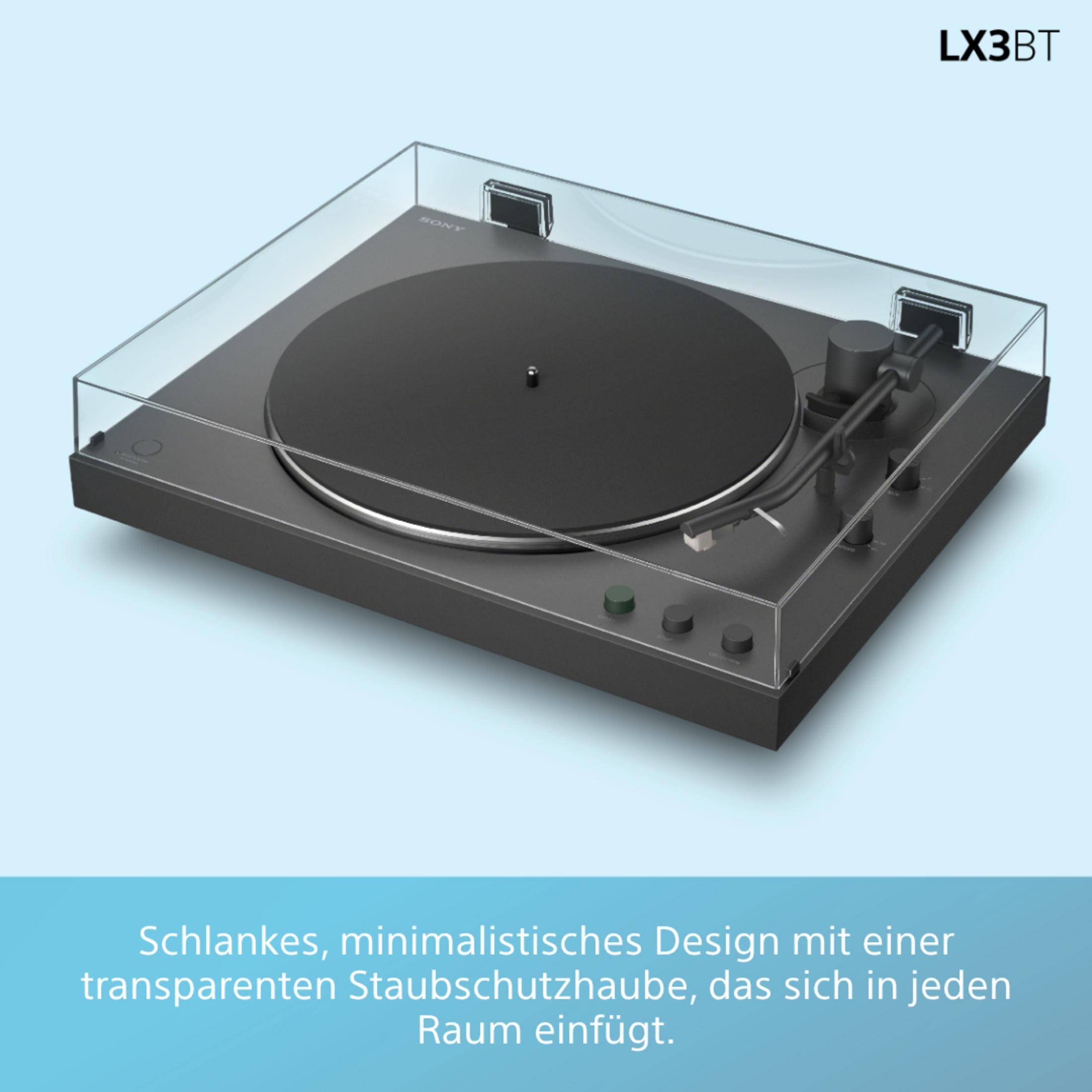 Giradischi nero con coperchio antipolvere trasparente e logo LX3BT.