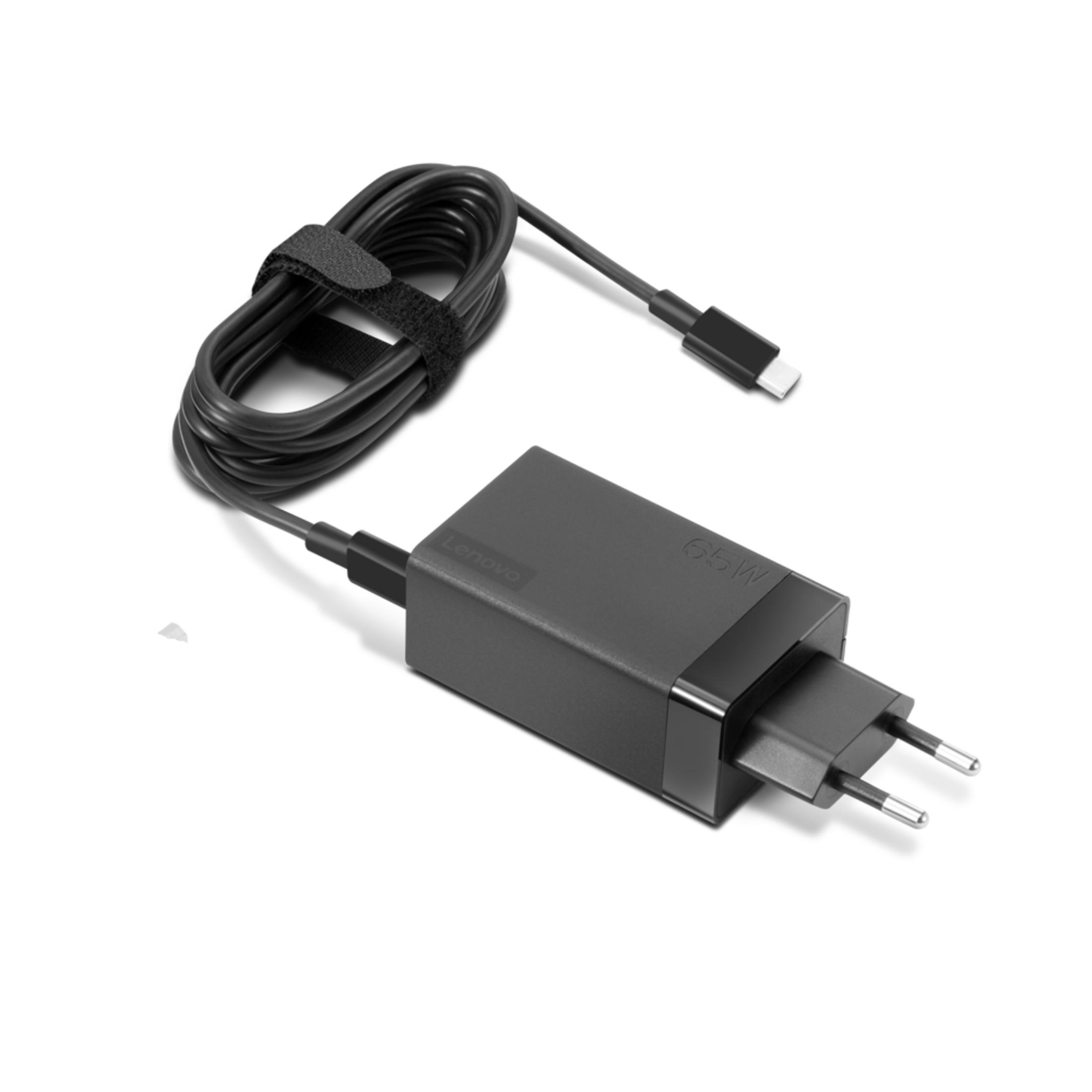 Ein schwarzes Lenovo 65W USB-C Netzteil mit Kabel und Stecker.