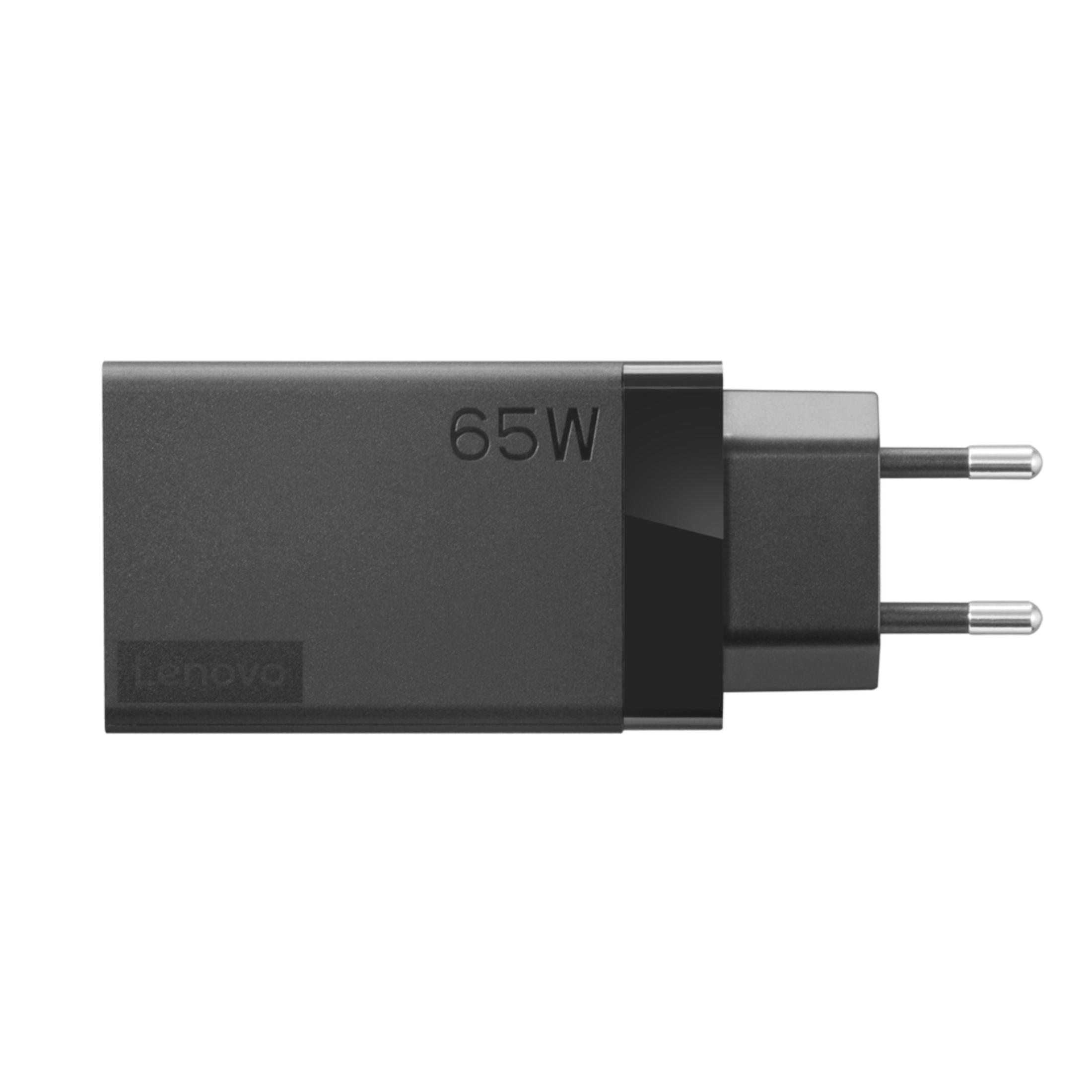 Ein schwarzes Lenovo Netzteil mit 65W Angabe und zwei Metallstiften.
