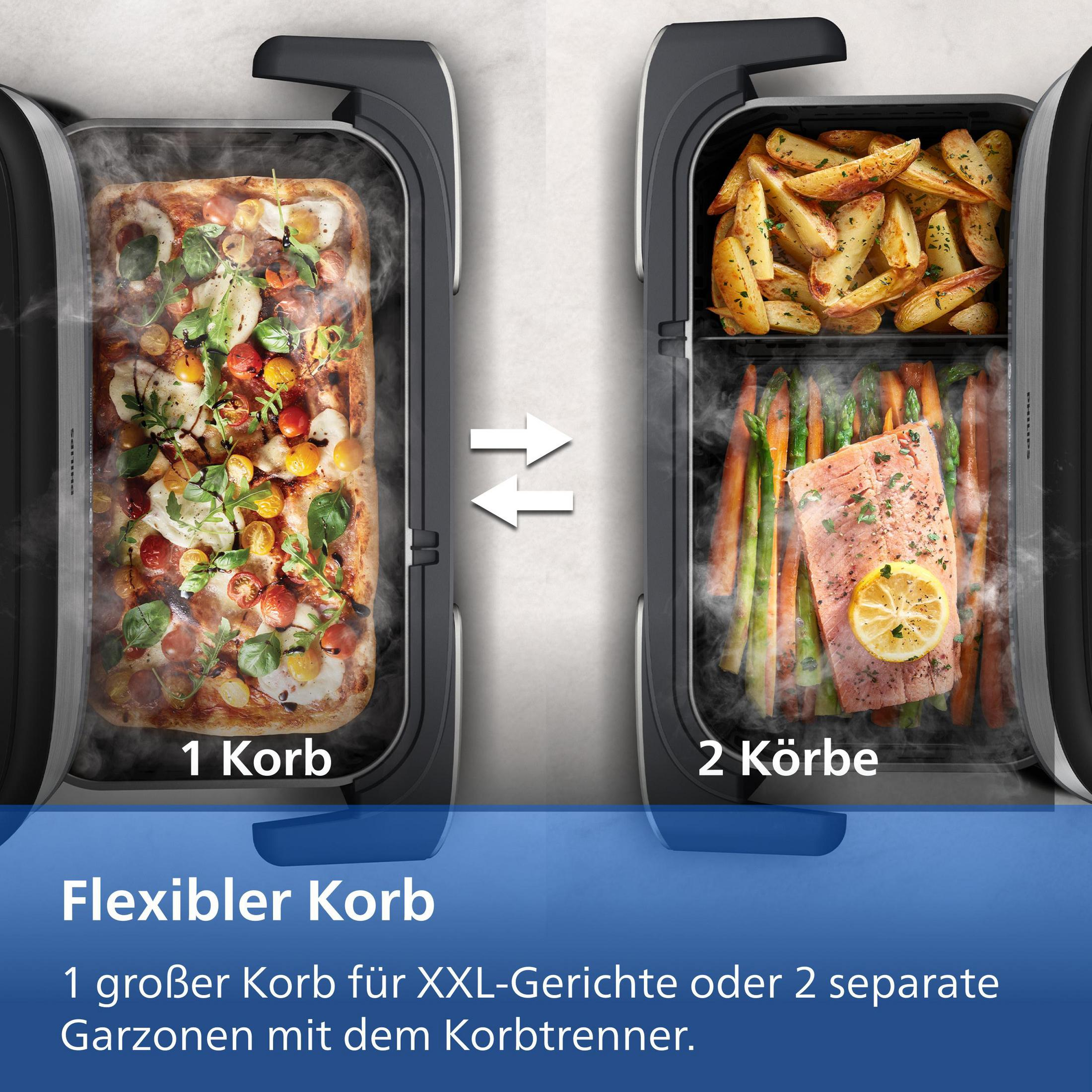 Frytkownica powietrzna pokazuje pizzę, a raz frytki z łososiem i szparagami.
