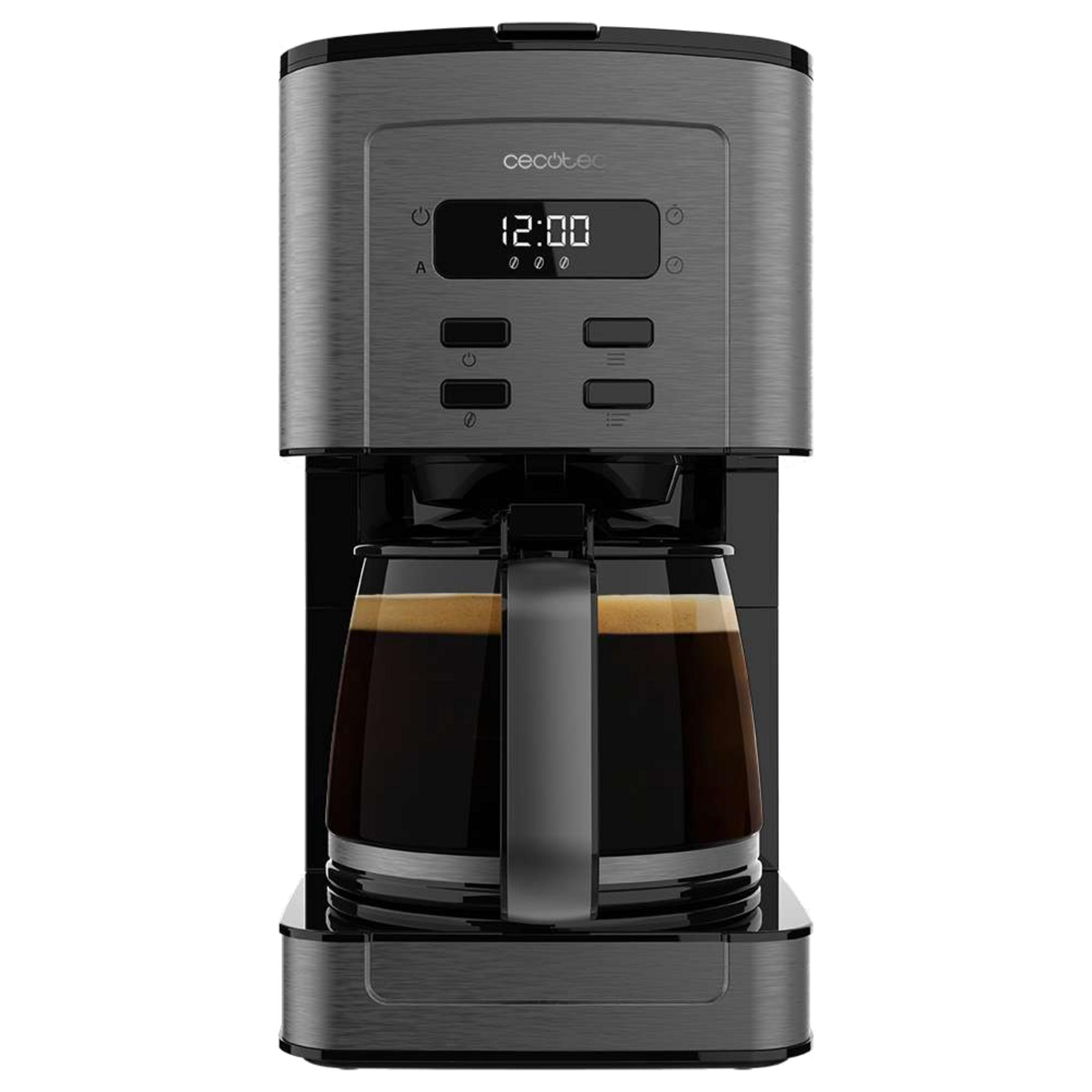 Kaffeemaschine mit Glaskanne und schwarzem Kaffee, digitale Anzeige zeigt 12:00.