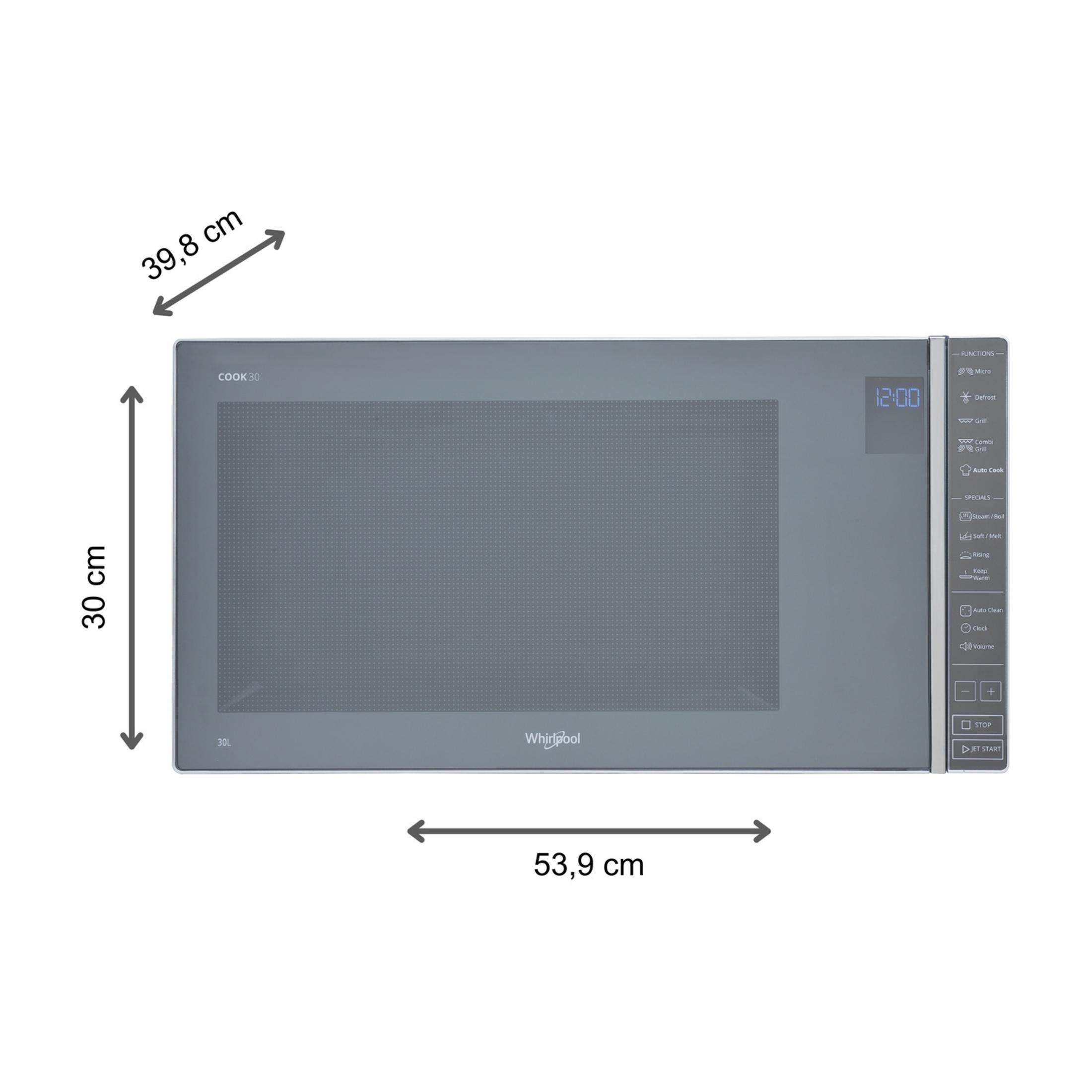 Gray Whirlpool microwave with digital displays and dimensions shown.