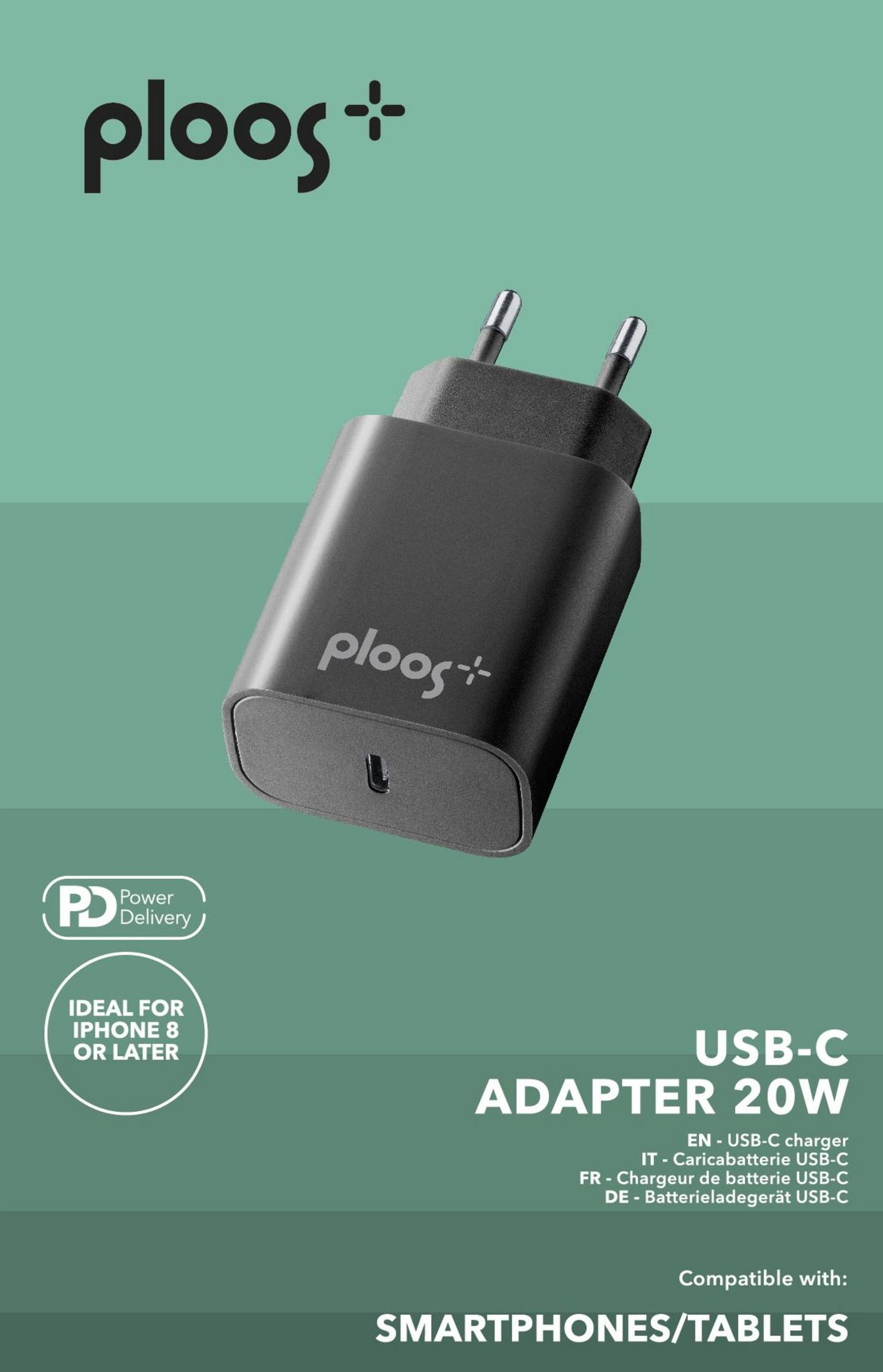 Schwarzer USB-C 20W Adapter mit "ploos" Logo. Ideal für iPhones.