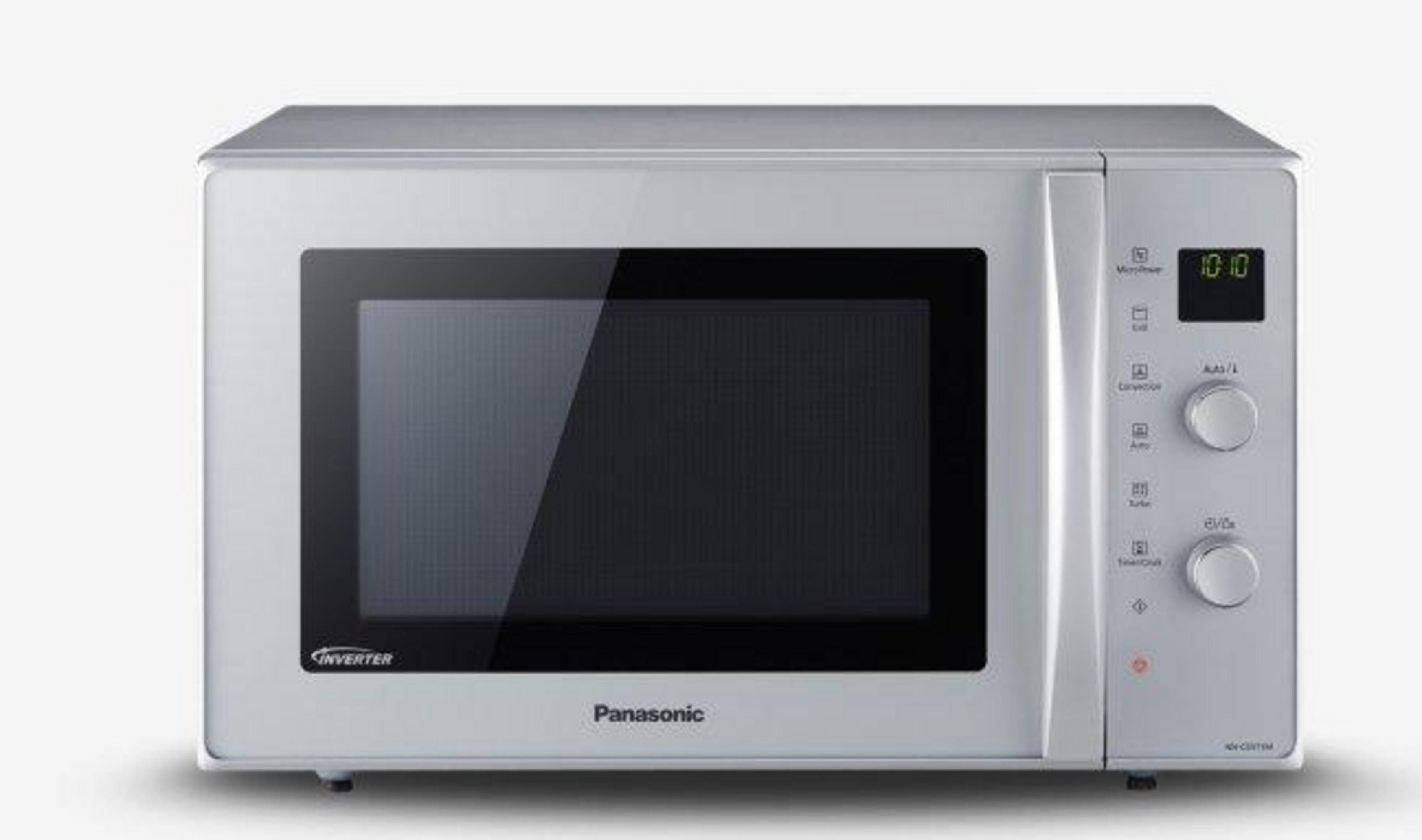 Forno a microonde Panasonic argento con display digitale (10:10) e pulsanti di controllo.