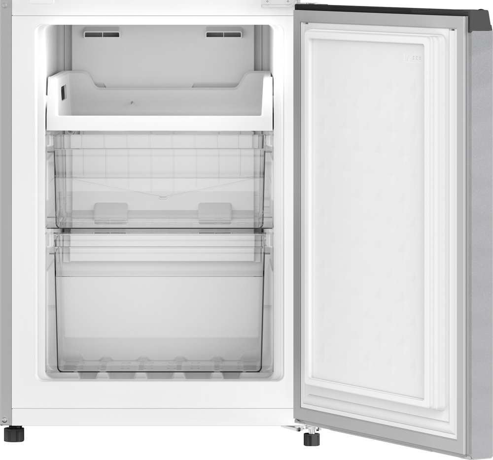 Un frigorifero vuoto con porte aperte, interno bianco e grigio.