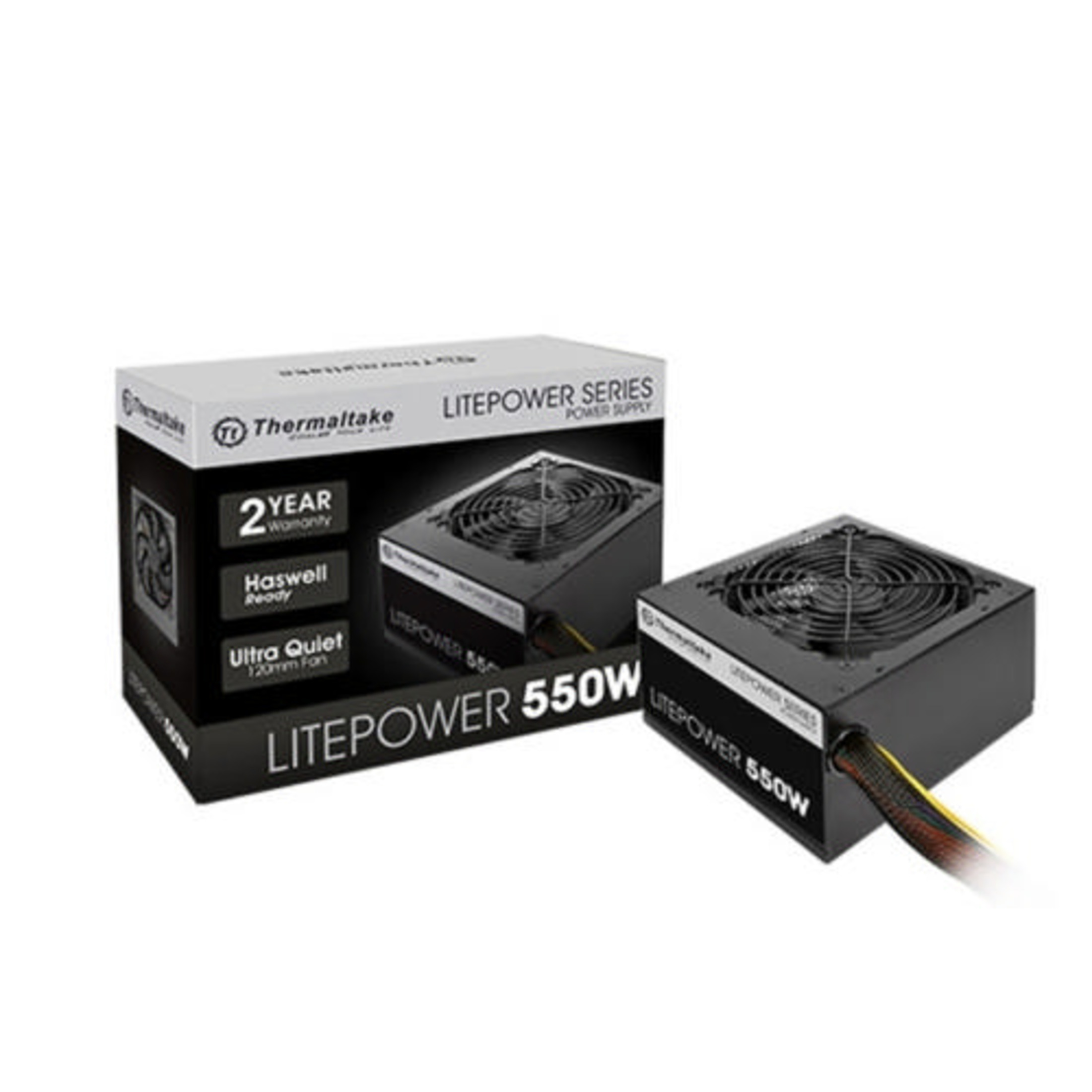 Ein schwarzes Thermaltake Litepower 550W Netzteil mit Lüfter und Kabeln.