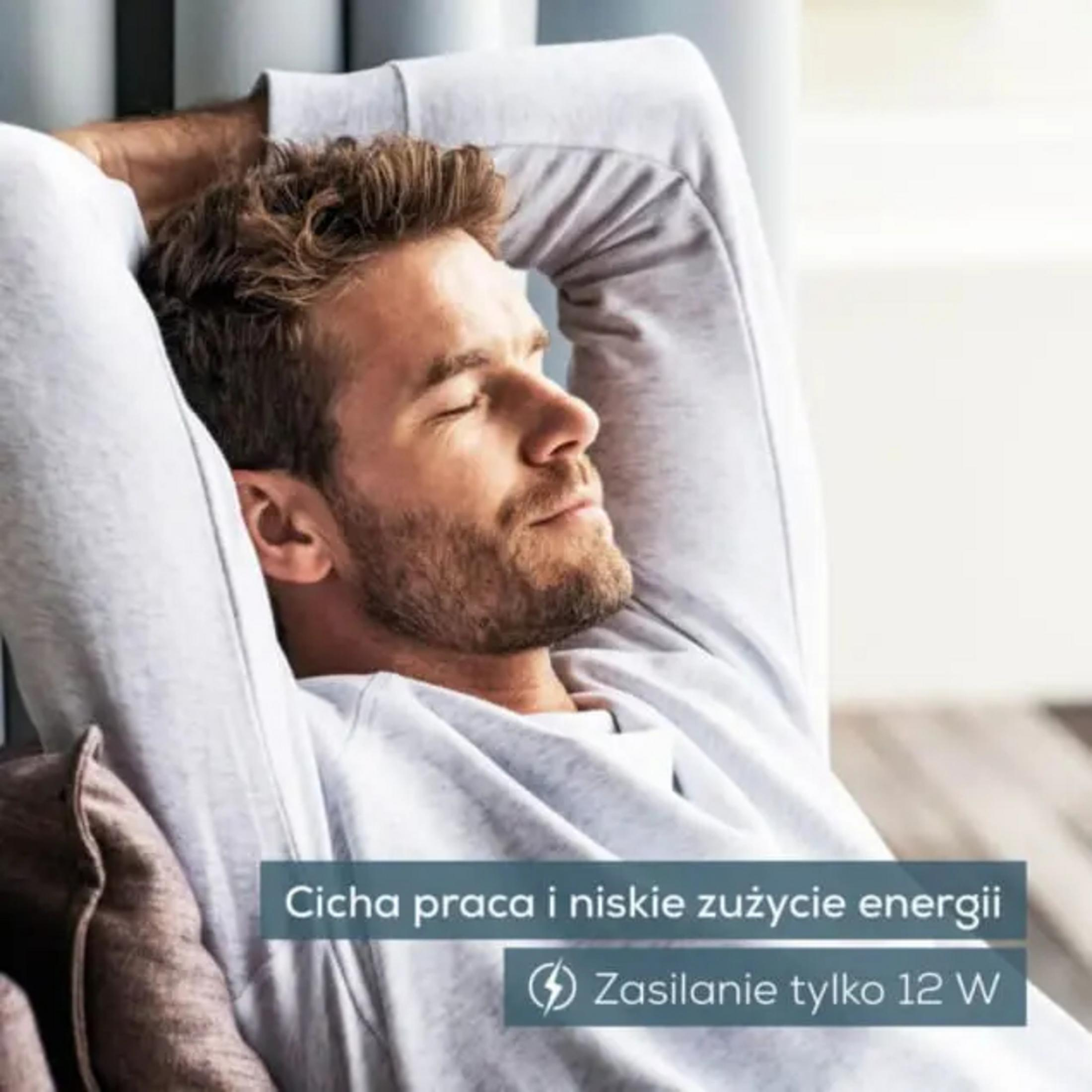 A man with closed eyes relaxes with arms behind his head. Subtle text overlay.