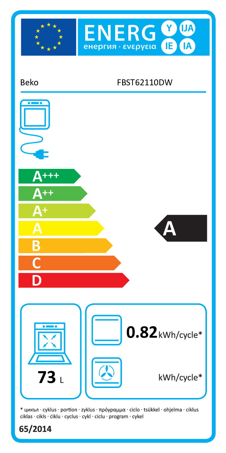 Etichetta energetica Beko FBST62110DW, classe A, 0,82 kWh/ciclo.